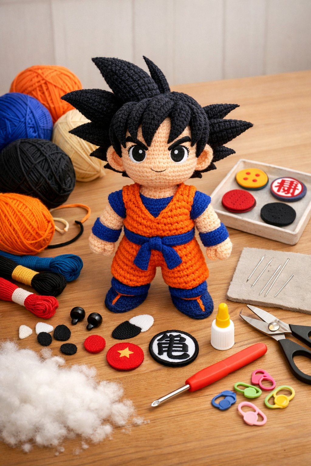 A crafting workspace showing a partially crocheted Goku doll surrounded by yarn, needles, fabric patches, and crochet tools.