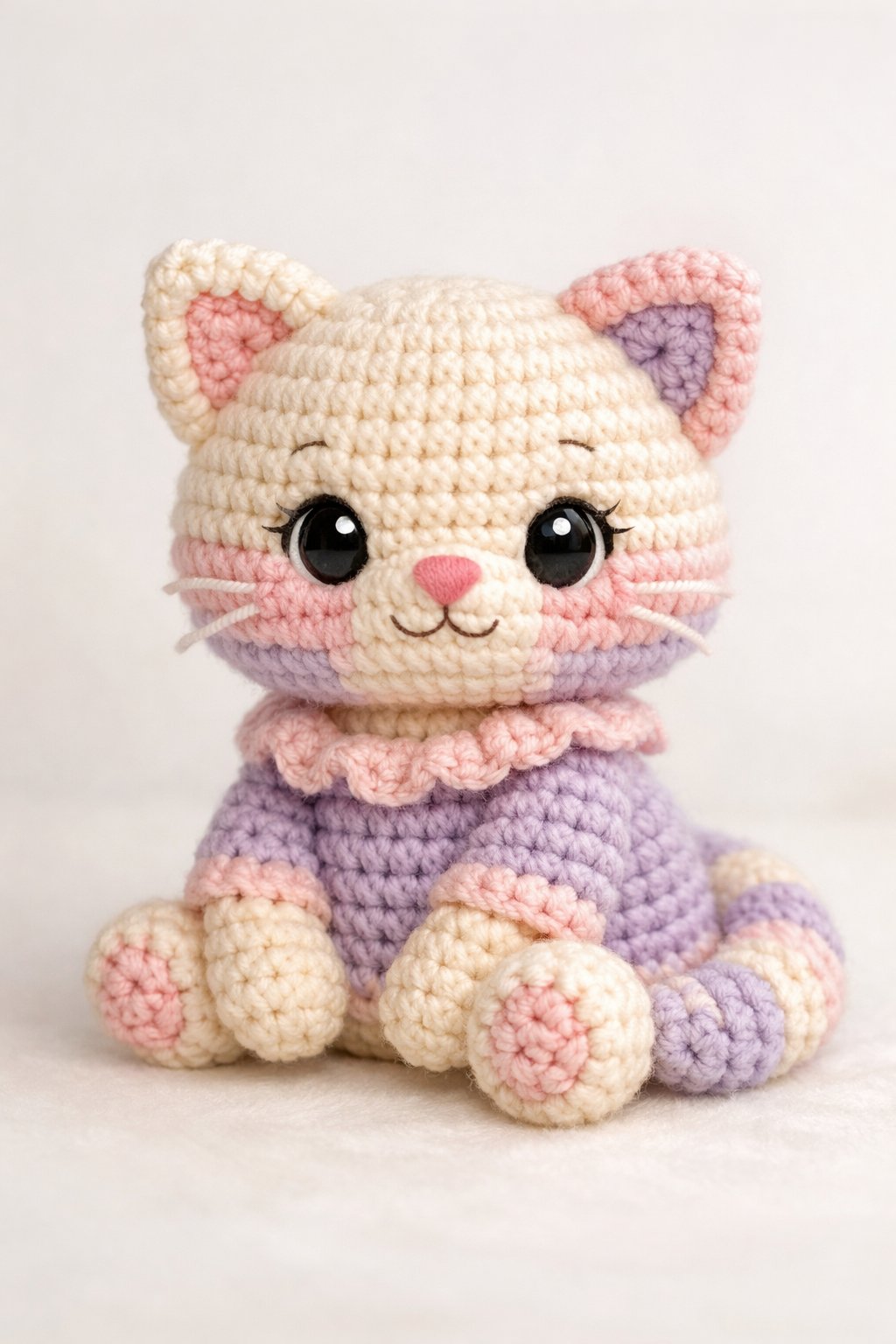 A small crocheted cat with round eyes and a curled tail sitting calmly.