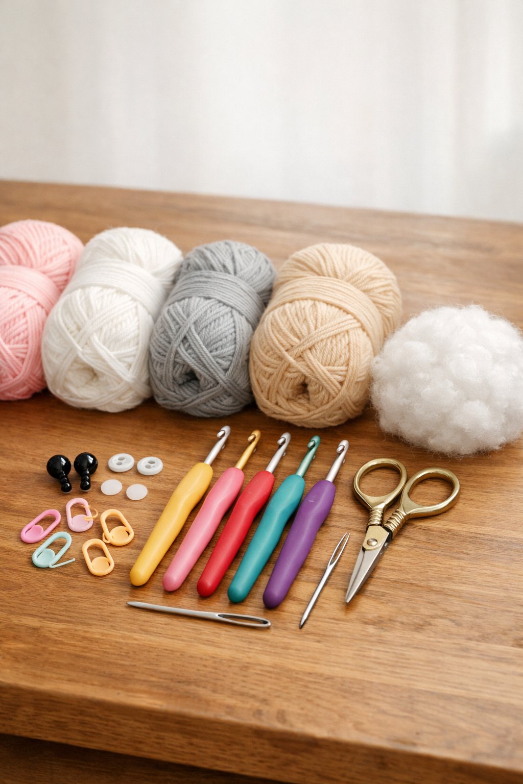 A collection of yarn, crochet hooks, scissors, stitch markers, and stuffing arranged on a table for making a crocheted cat.