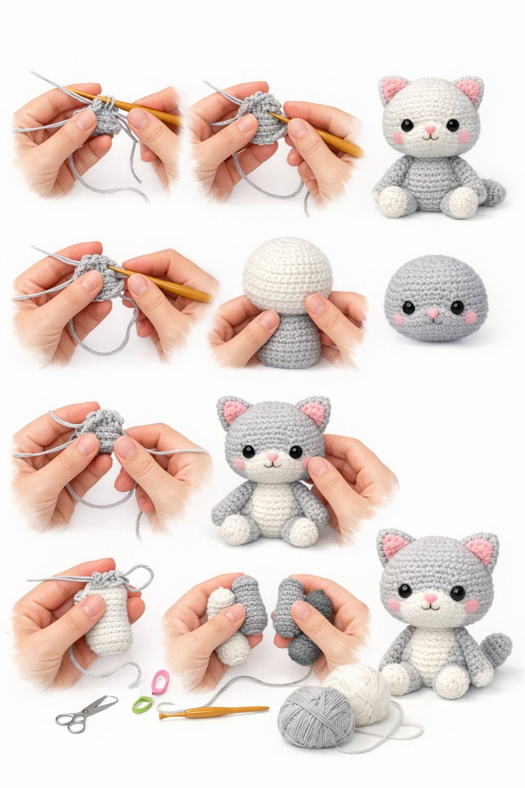 Hands crocheting a small cat toy with yarn, showing different stages of making the cat.