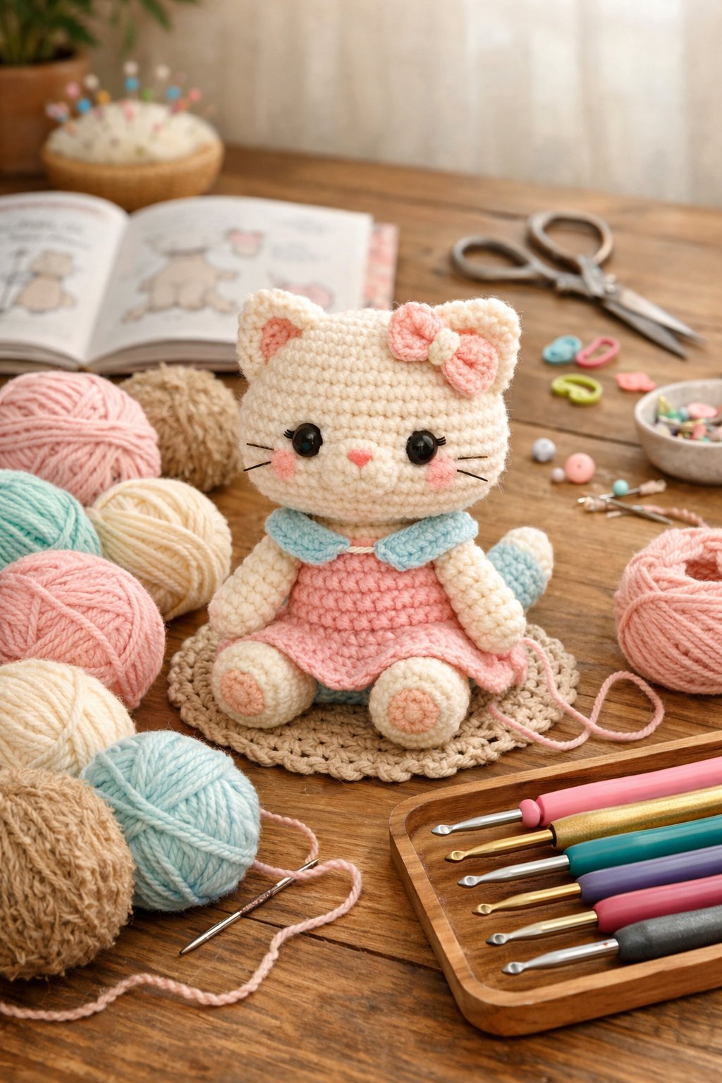A workspace with a partially crocheted small cat, various yarn balls, and crochet hooks arranged on a wooden table.