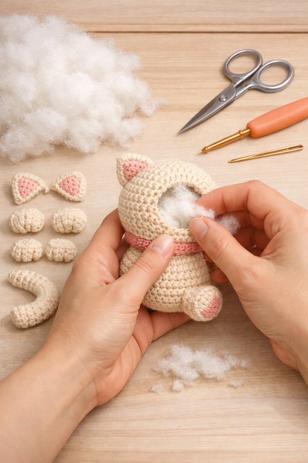 Hands stuffing and assembling parts of a small crochet cat on a tidy workspace with crochet tools nearby.