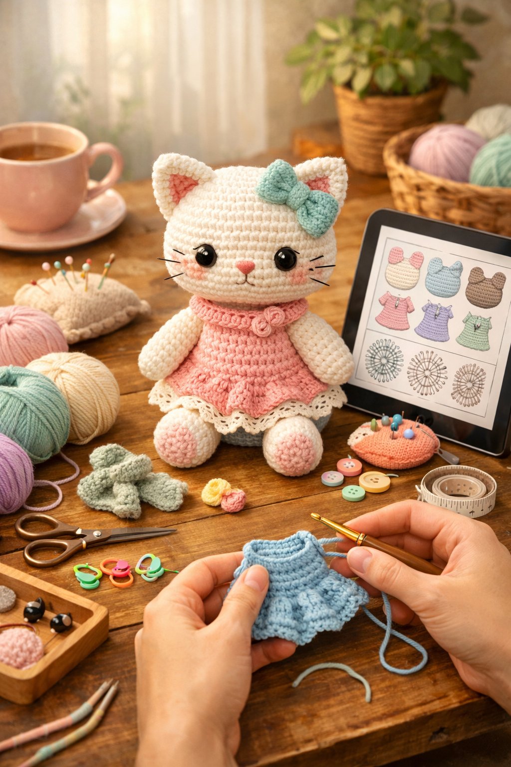 A workspace with a partially completed crocheted cat, crochet tools, yarn, and a pattern guide on a wooden table.