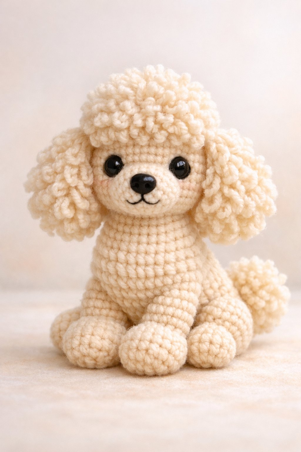 A crocheted amigurumi poodle dog sitting with fluffy curly fur and black eyes and nose.