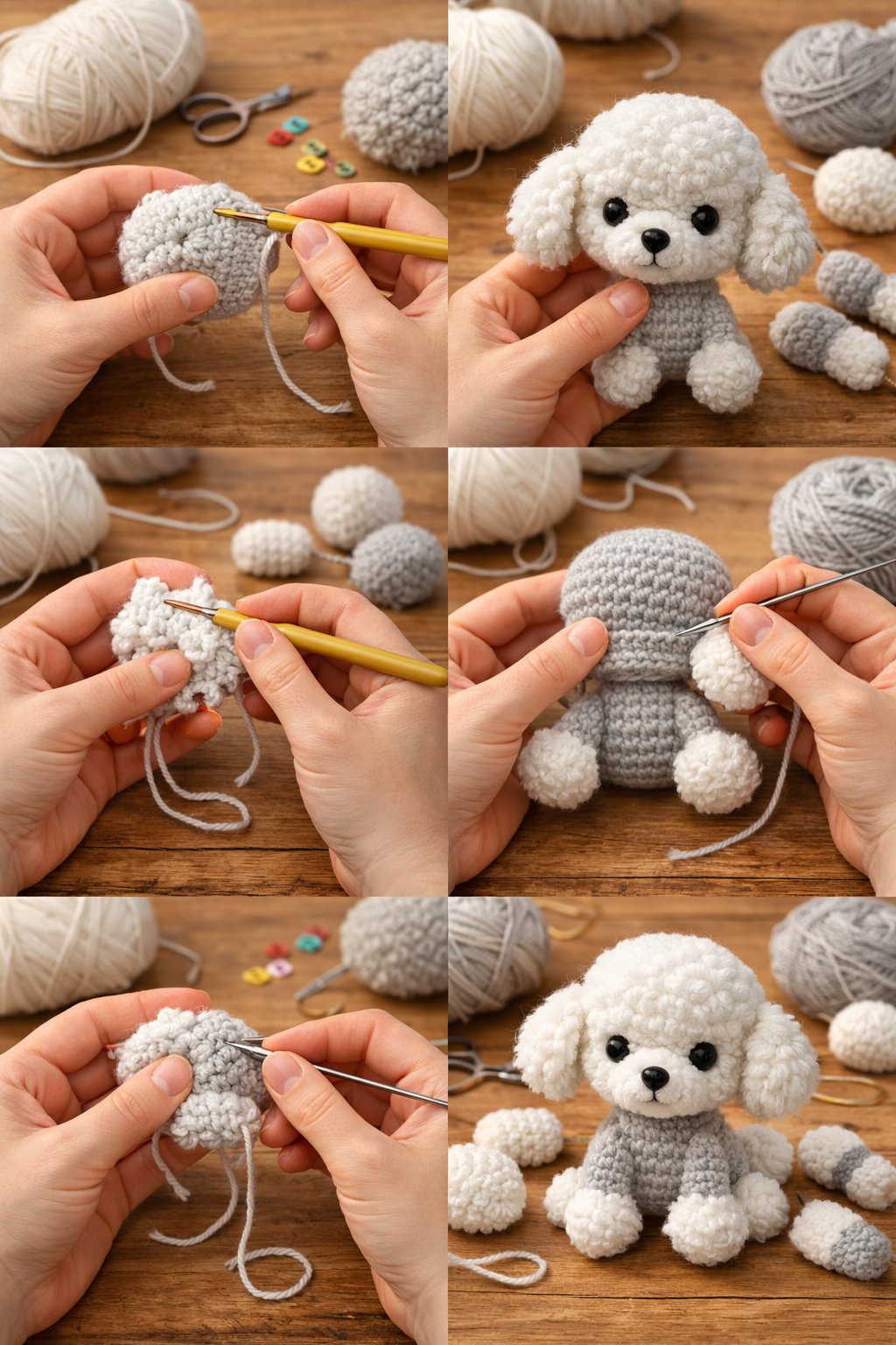 Hands crocheting a small poodle dog amigurumi with yarn and crochet tools on a table, showing different stages of assembly.