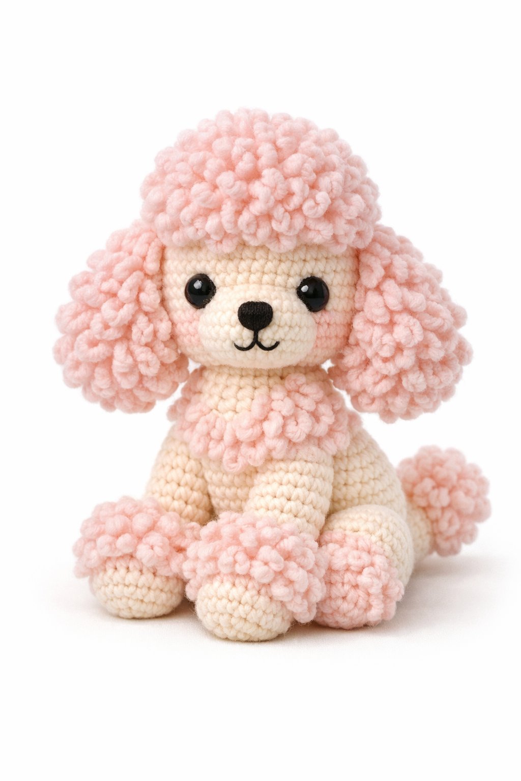 A crocheted poodle dog with a curly coat sitting upright and looking forward.