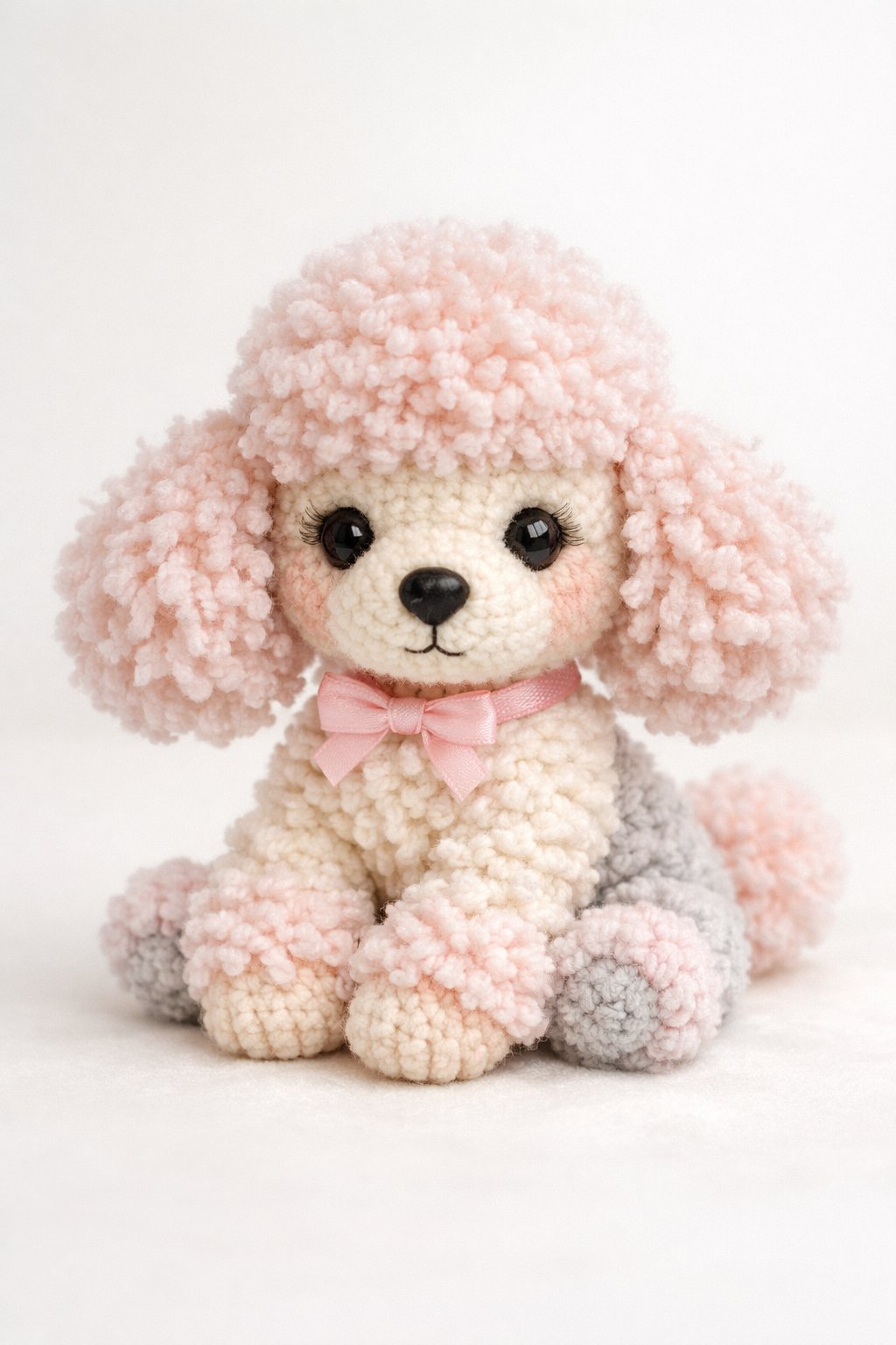 A small crocheted poodle dog toy sitting with curly fur and soft pastel colors.