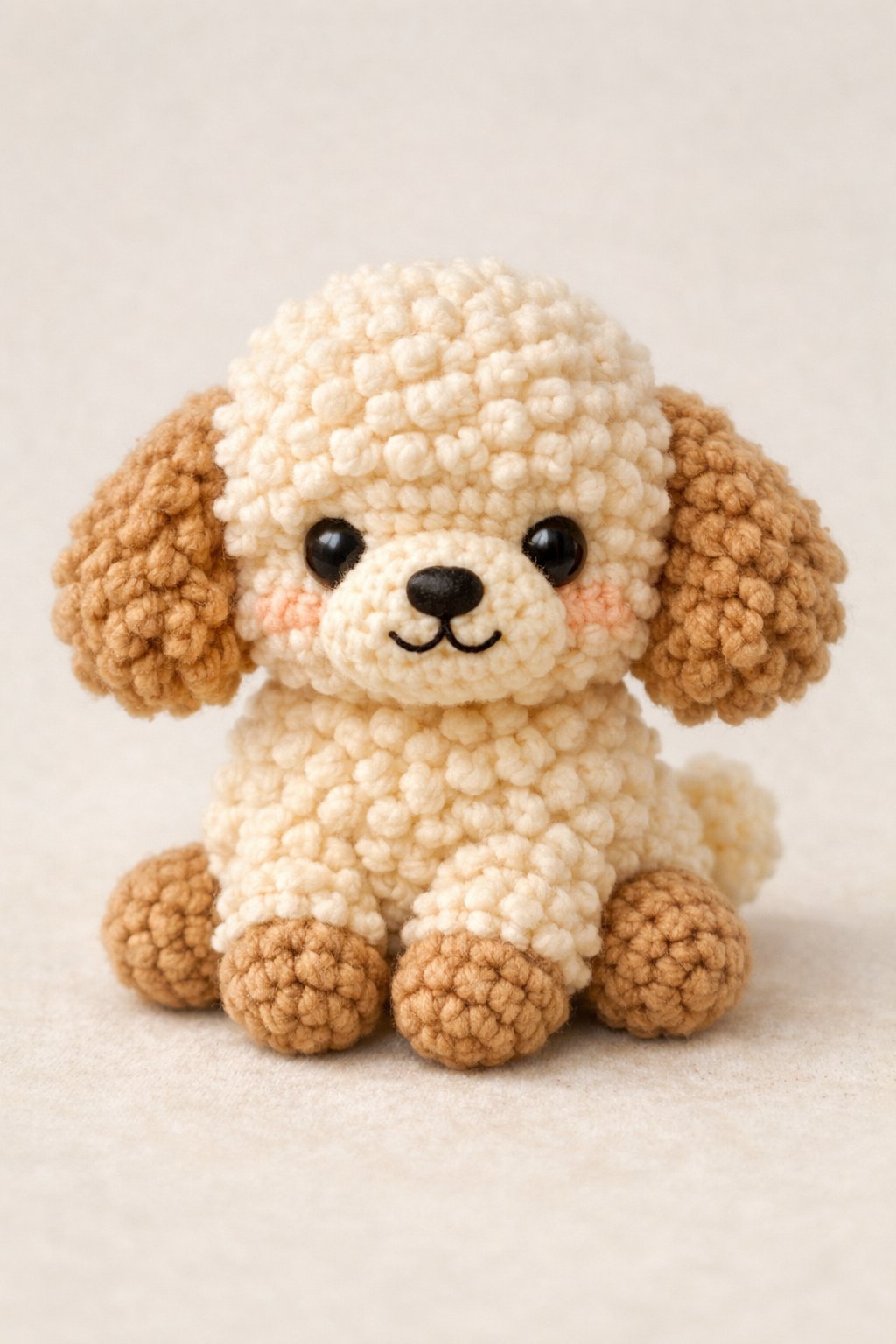 A small crocheted poodle dog sitting with floppy ears and curly fur.