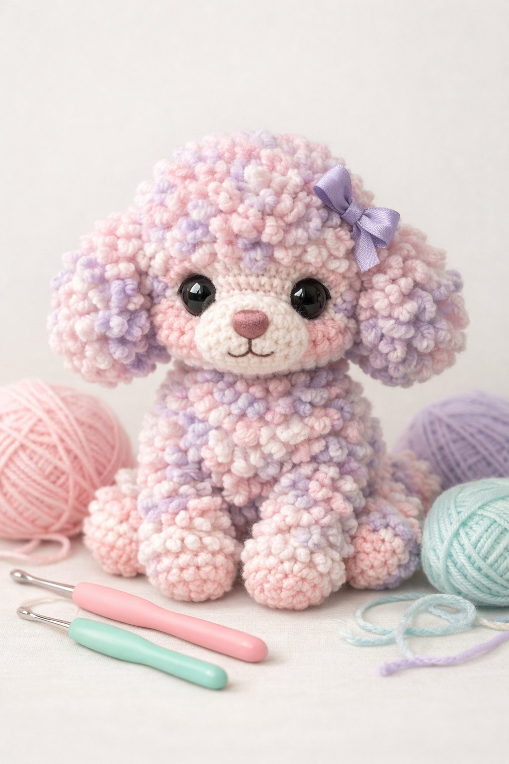 A fluffy crocheted poodle dog sitting upright with yarn and crochet hooks nearby.