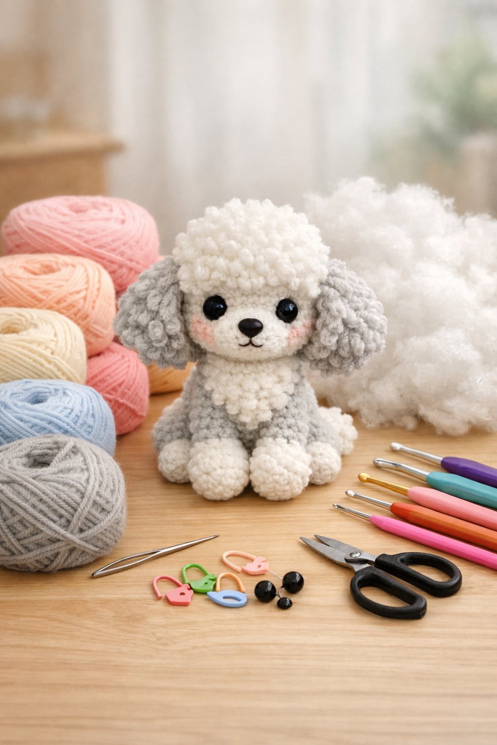 A collection of yarn, crochet hooks, scissors, stuffing, and a partially completed amigurumi poodle dog on a wooden table.