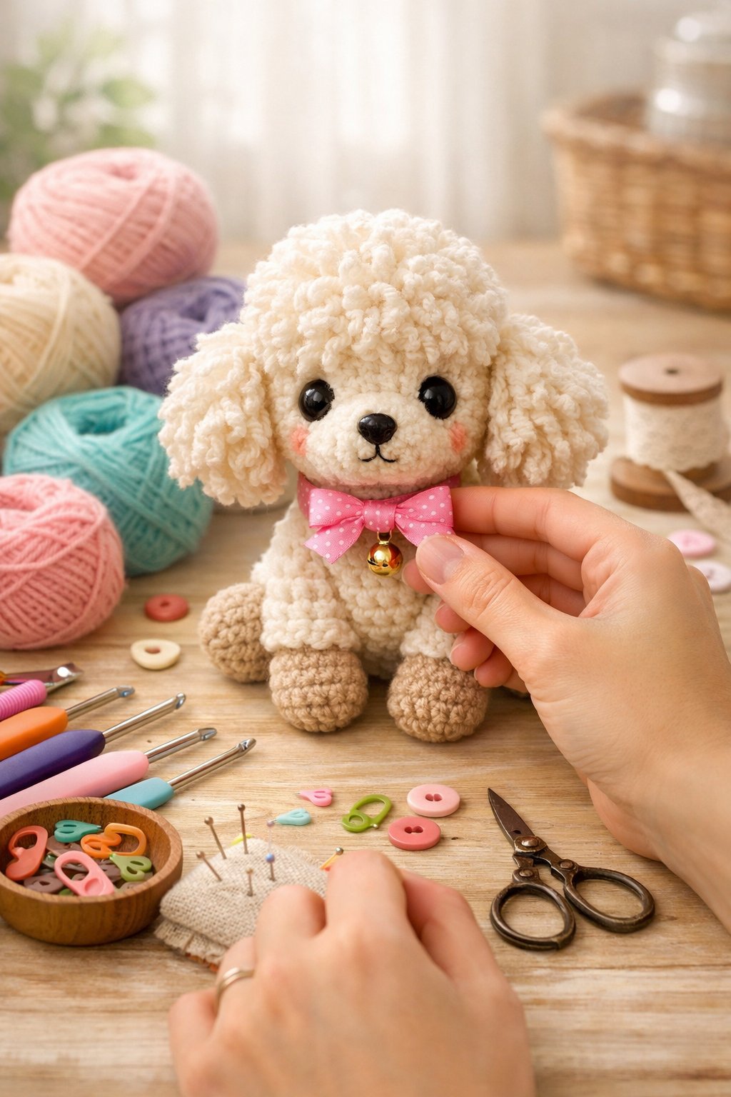 A crocheted amigurumi poodle surrounded by yarn and crochet tools on a wooden table, with hands customizing the poodle.