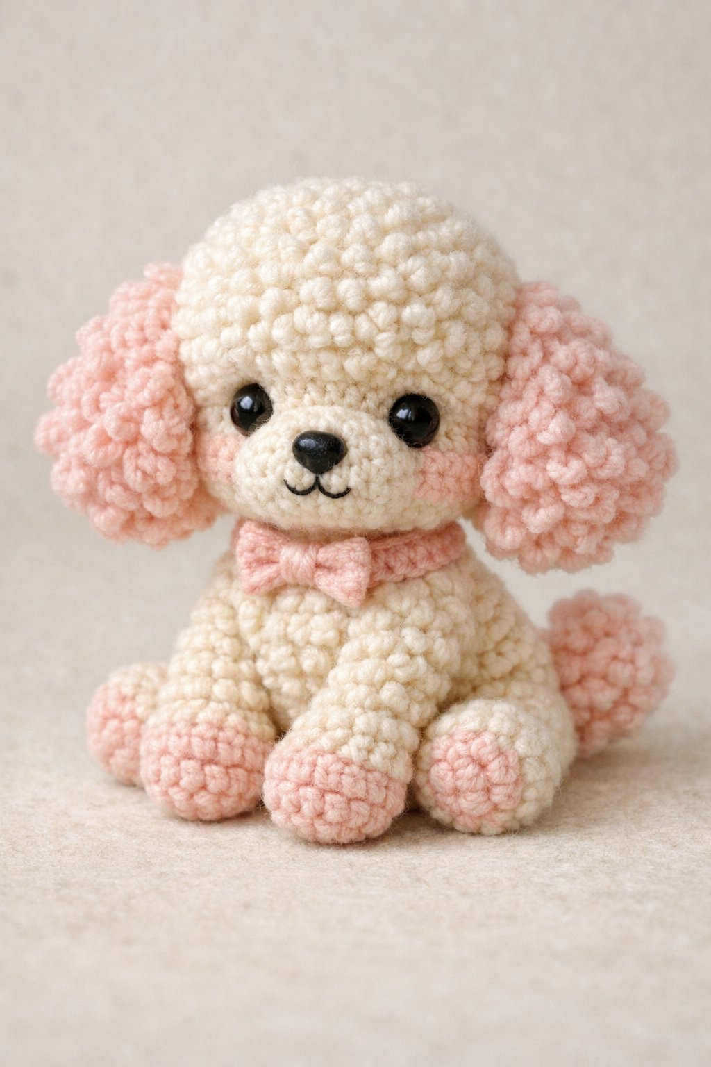 A small crocheted poodle puppy made of soft yarn sitting against a plain background.