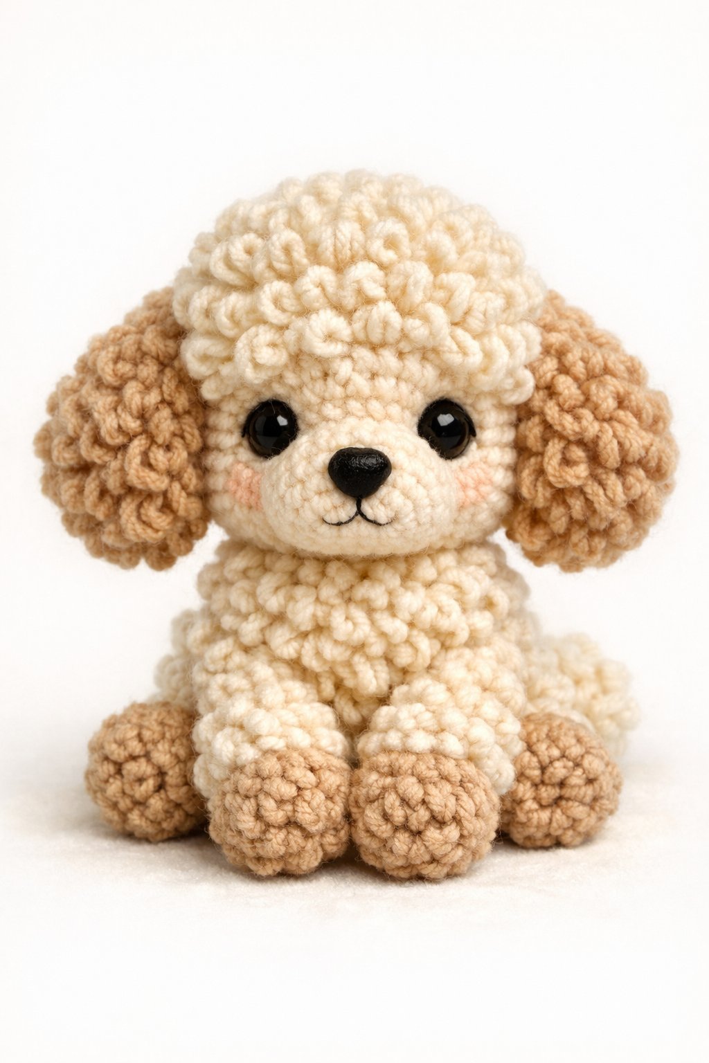 A small crochet poodle puppy sitting upright with fluffy textured fur and a friendly expression.