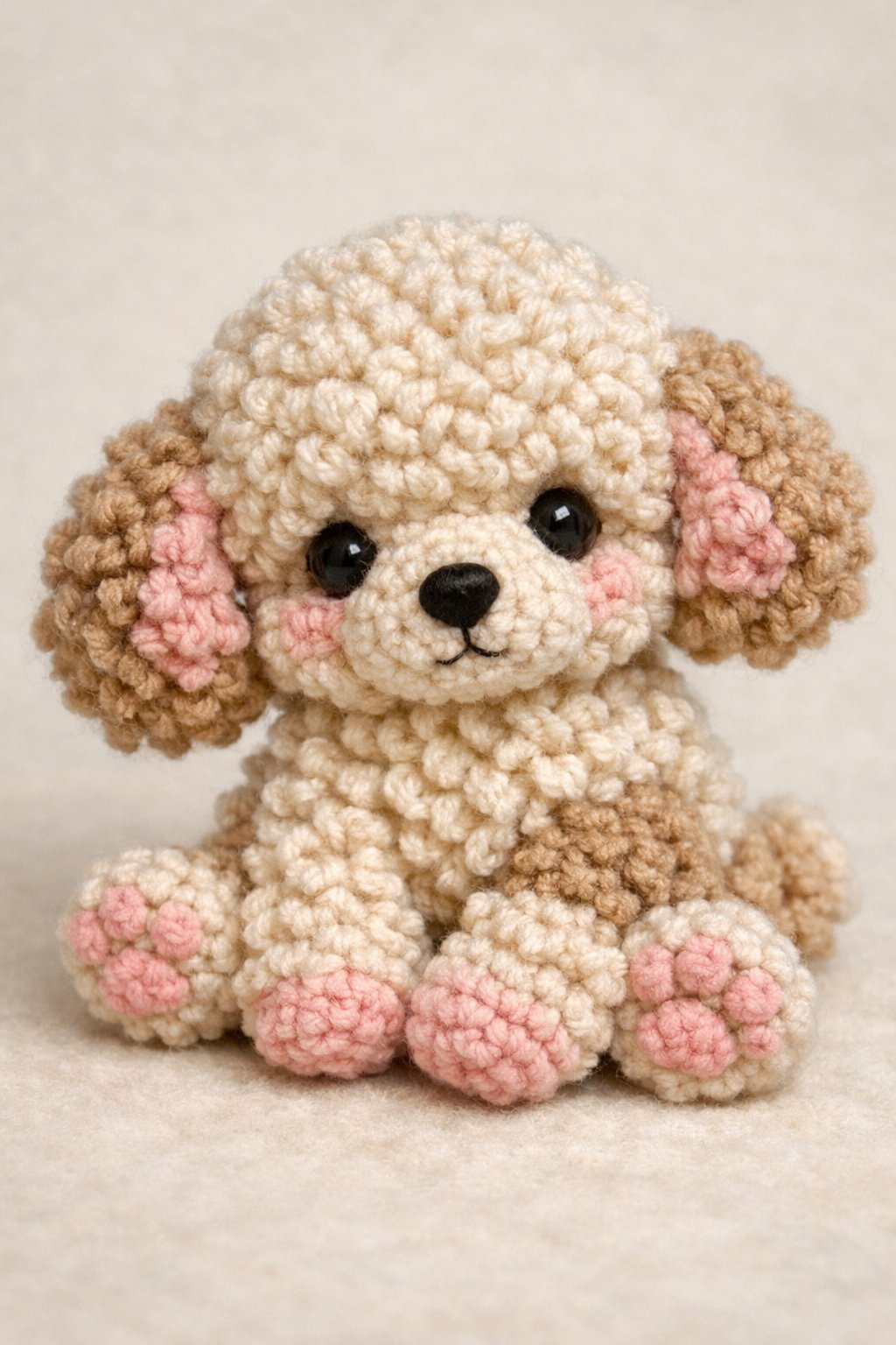 A small crocheted poodle puppy with curly fur sitting on a plain background.