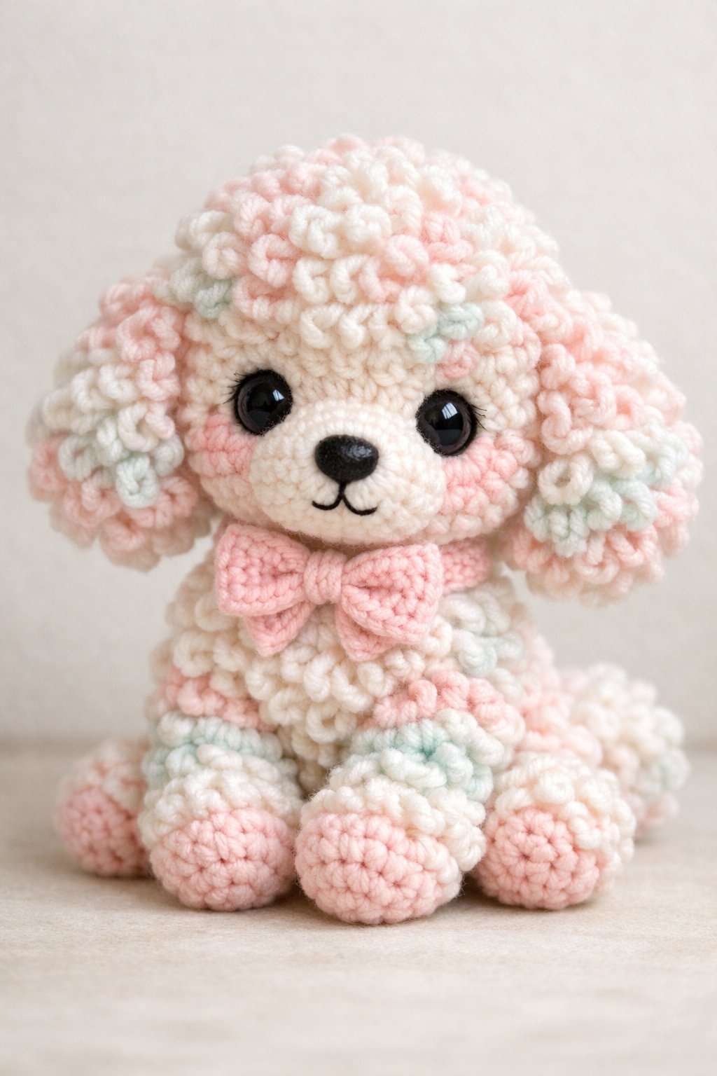 A crocheted poodle puppy sitting with curly fur and a friendly expression.