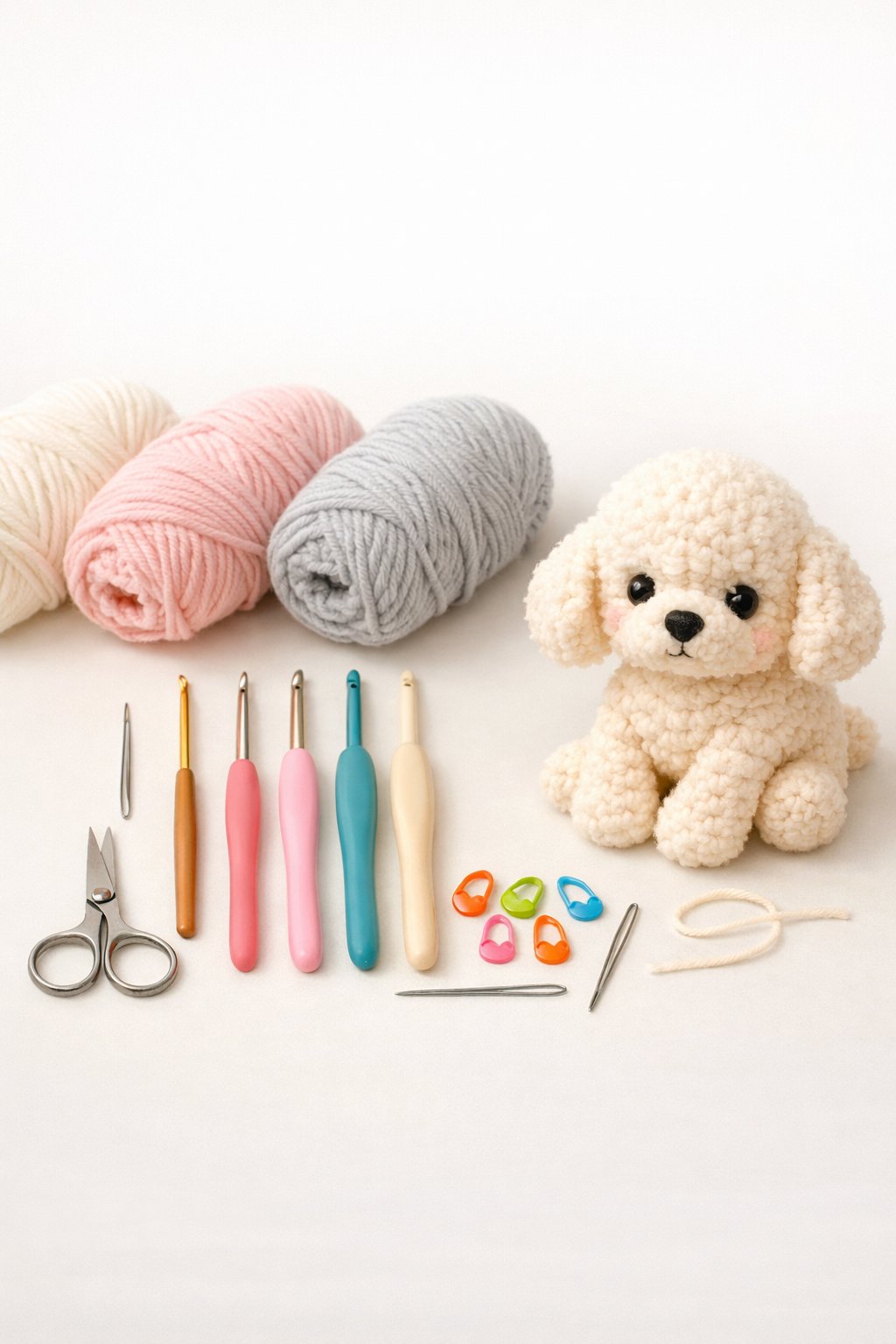 A collection of yarn and crochet tools arranged next to a small crocheted poodle puppy on a light surface.