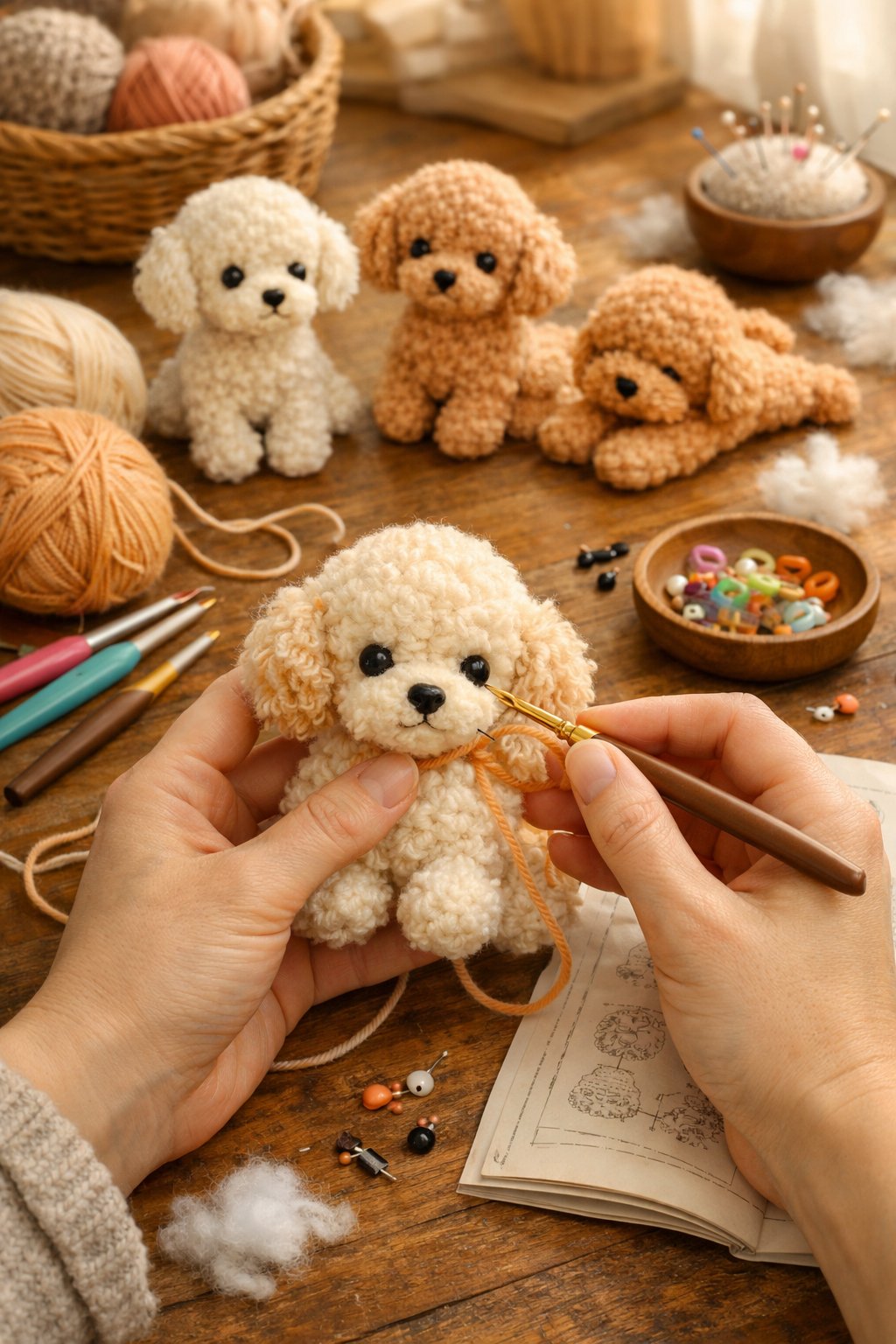 Hands crocheting a small realistic poodle puppy surrounded by yarn, crochet hooks, and finished amigurumi poodle toys on a wooden table.
