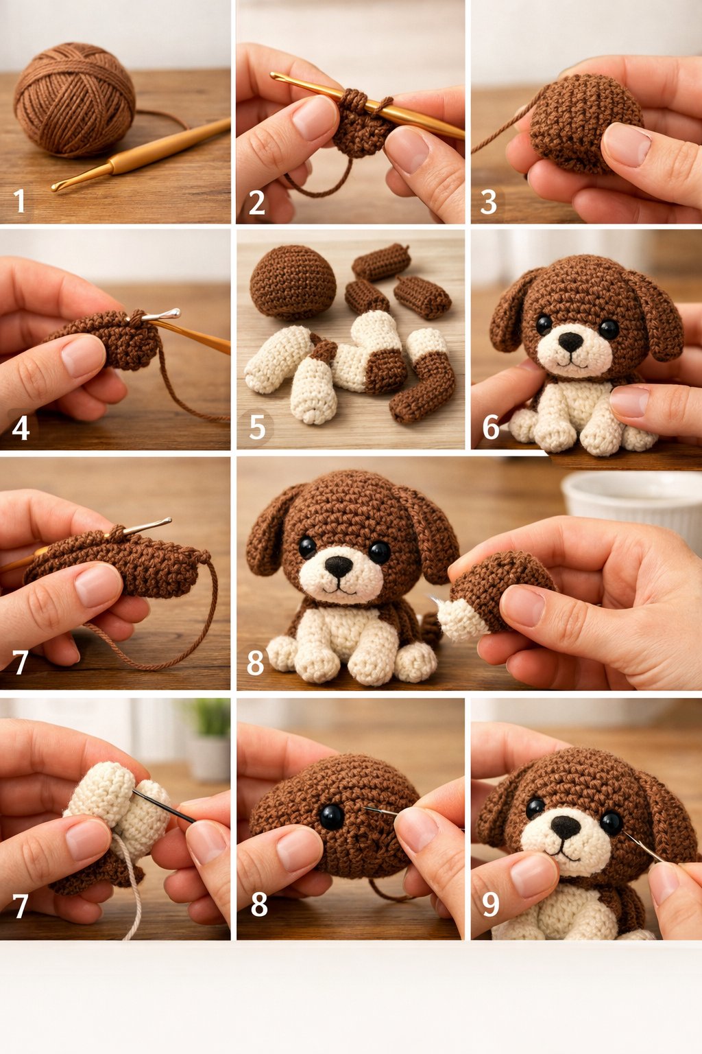 A crocheted dog on a table with step-by-step photos showing how to make it using yarn and a crochet hook.