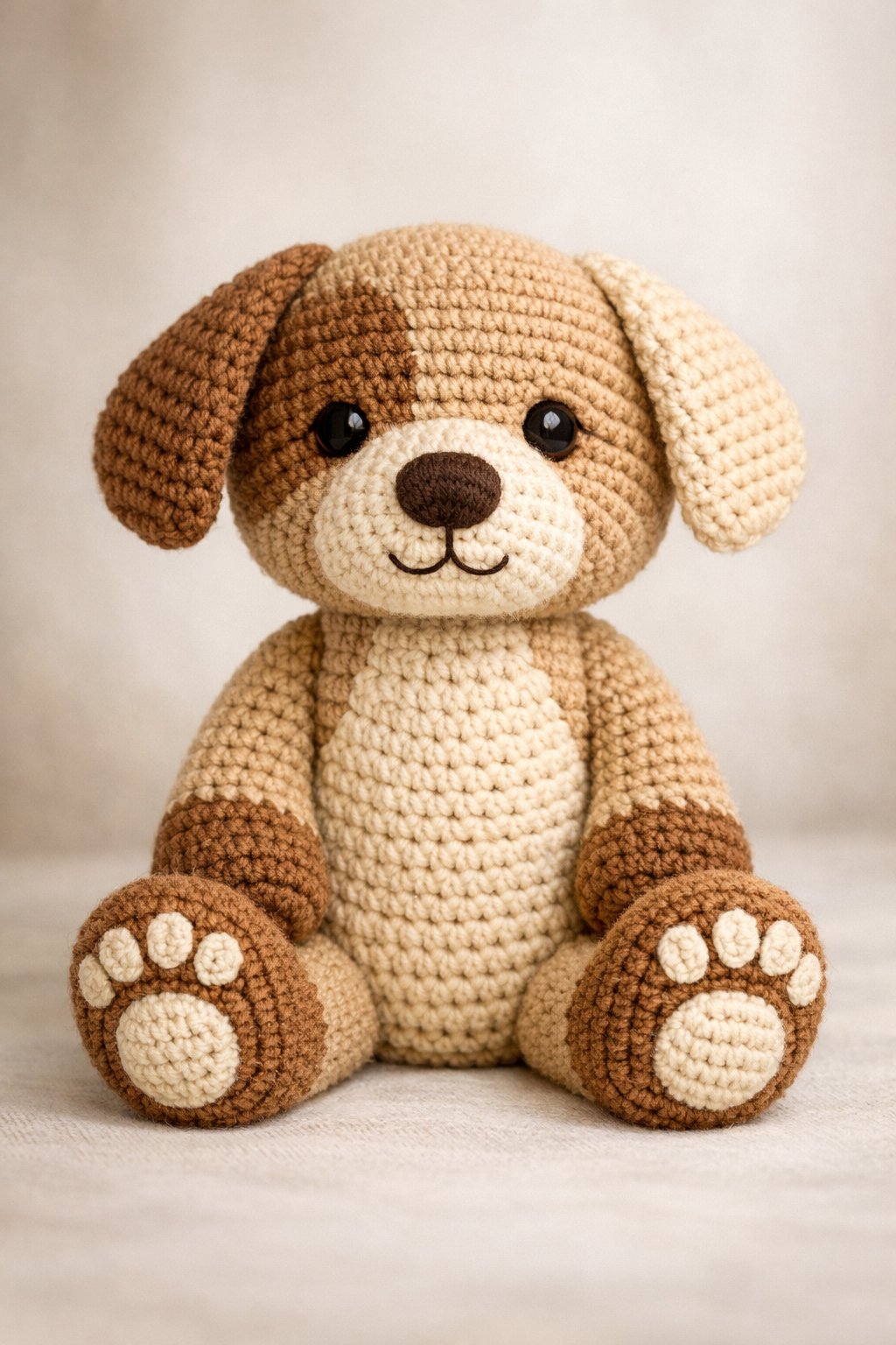 A handmade crochet dog sitting upright with a friendly expression and detailed yarn texture.