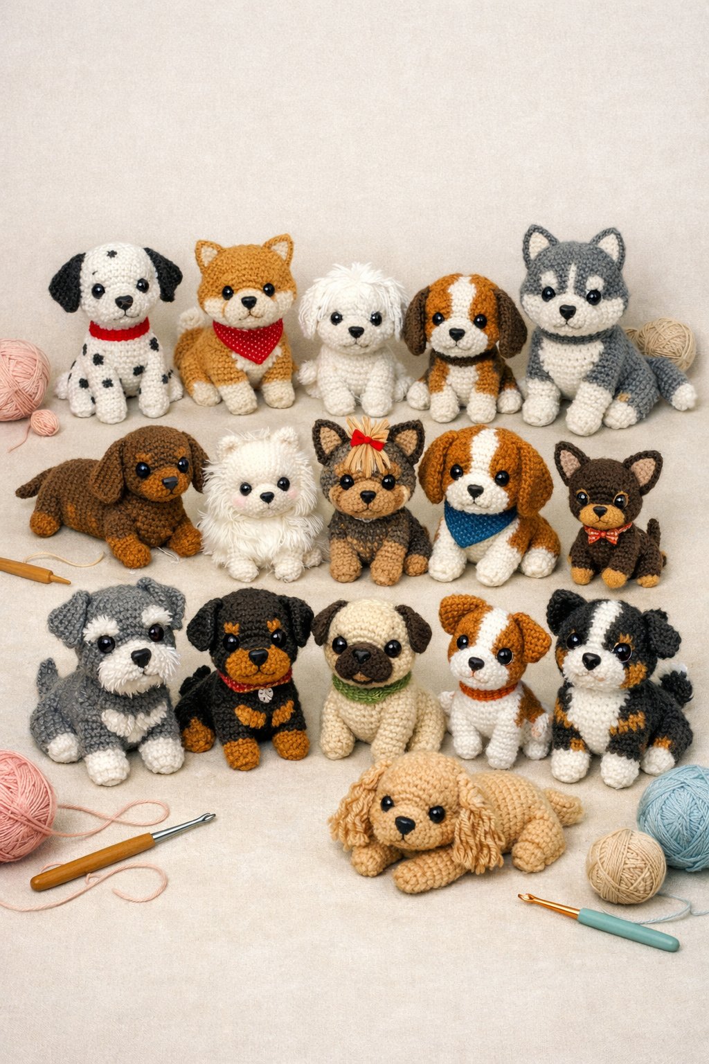 A group of 17 small crocheted dogs in different colors and poses arranged together with crochet hooks and balls of yarn around them.
