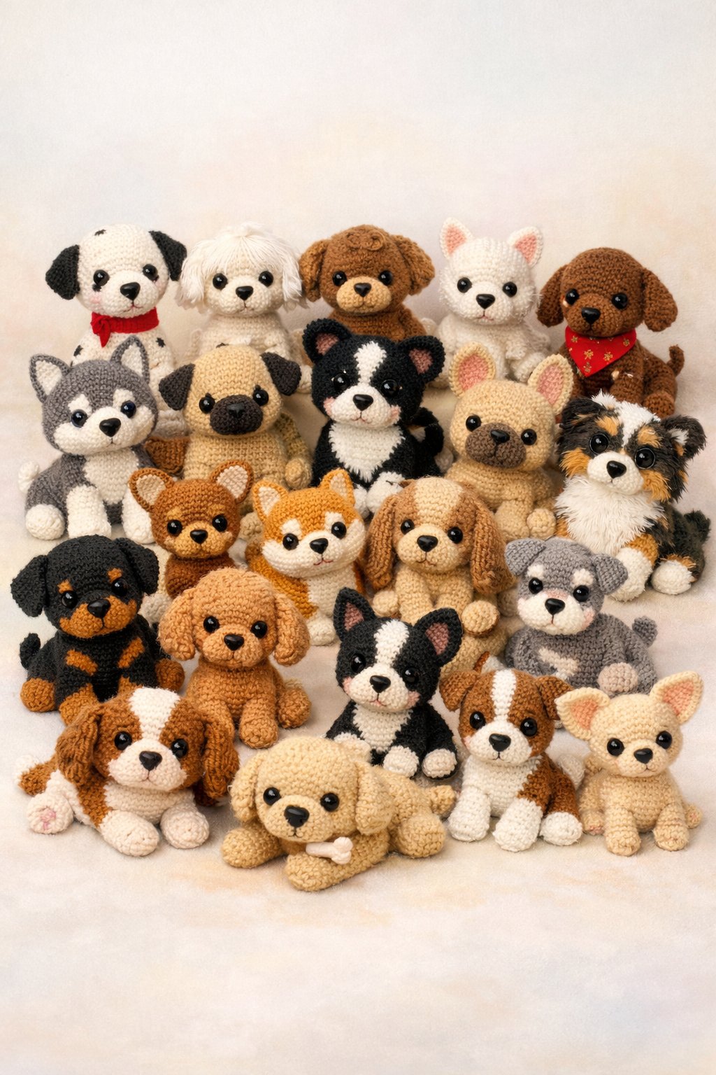 A collection of 27 small crocheted puppy dolls in various colors and poses arranged together on a light background.