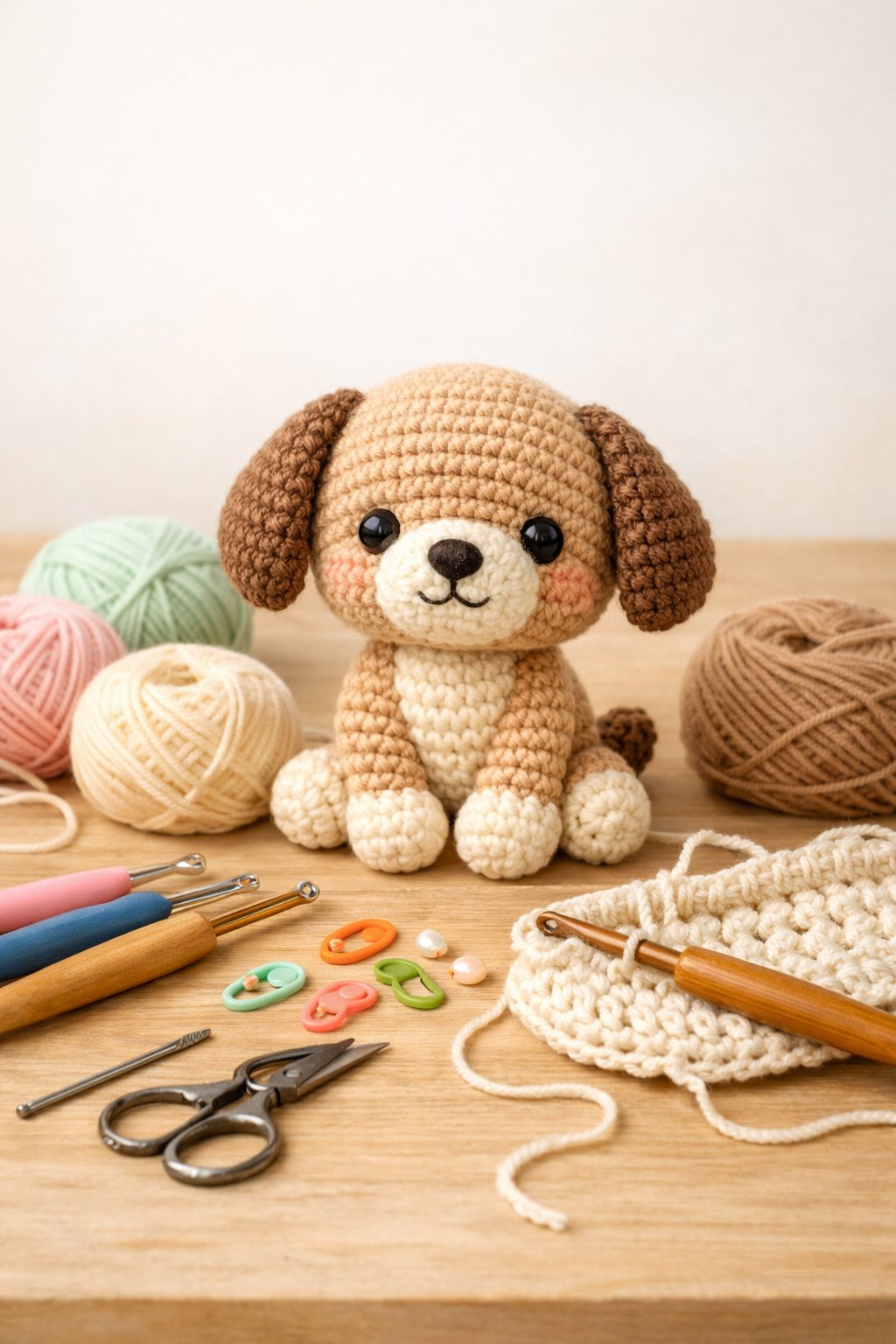 A small crocheted dog with crochet hooks, yarn balls, scissors, and crochet accessories arranged on a table.