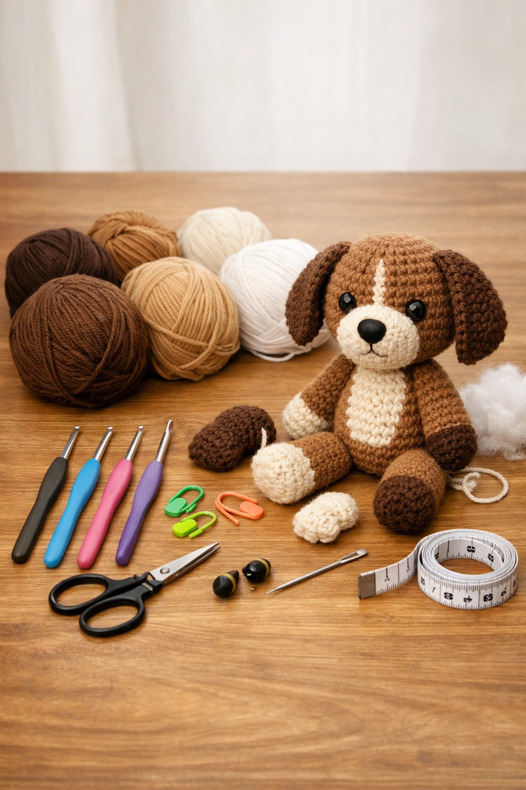 A workspace with yarn, crochet hooks, scissors, and a partially completed crochet dog figure.