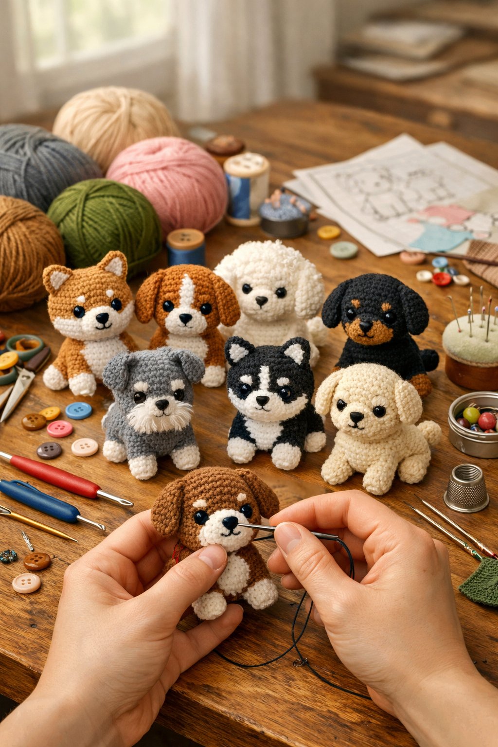 A crafting table with several small crochet dogs, yarn, crochet hooks, and hands sewing details onto one of the dogs.