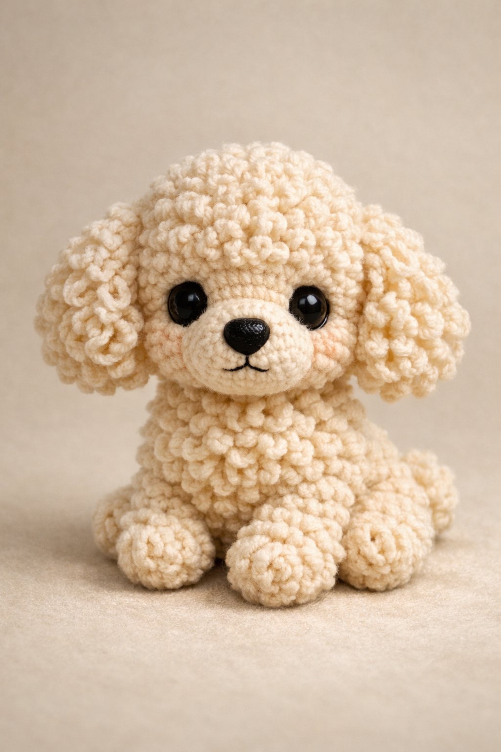 A small crocheted poodle puppy sitting with curly fur and large eyes.