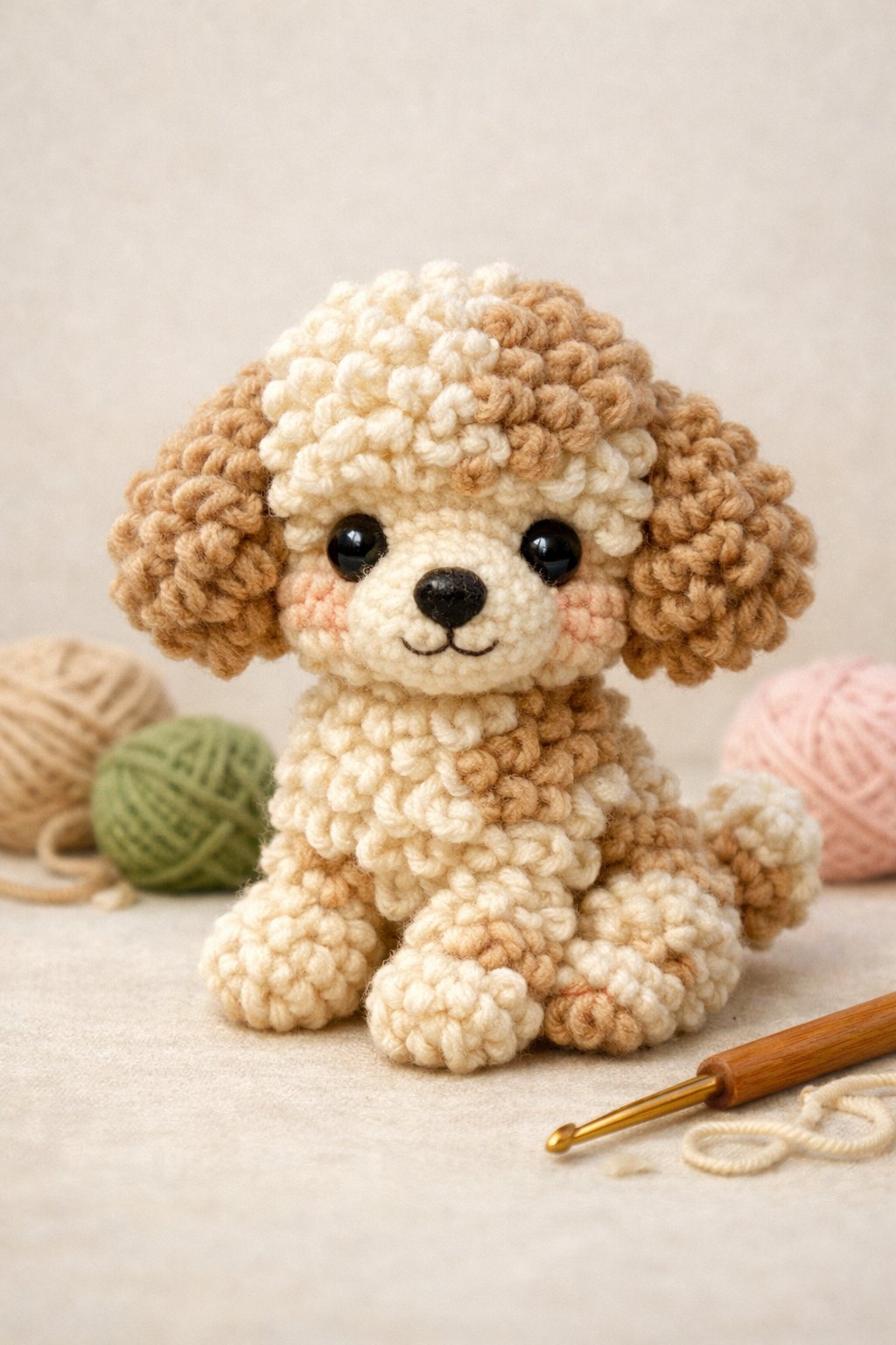 A small crocheted poodle puppy sitting with a playful posture, surrounded by yarn and a crochet hook.