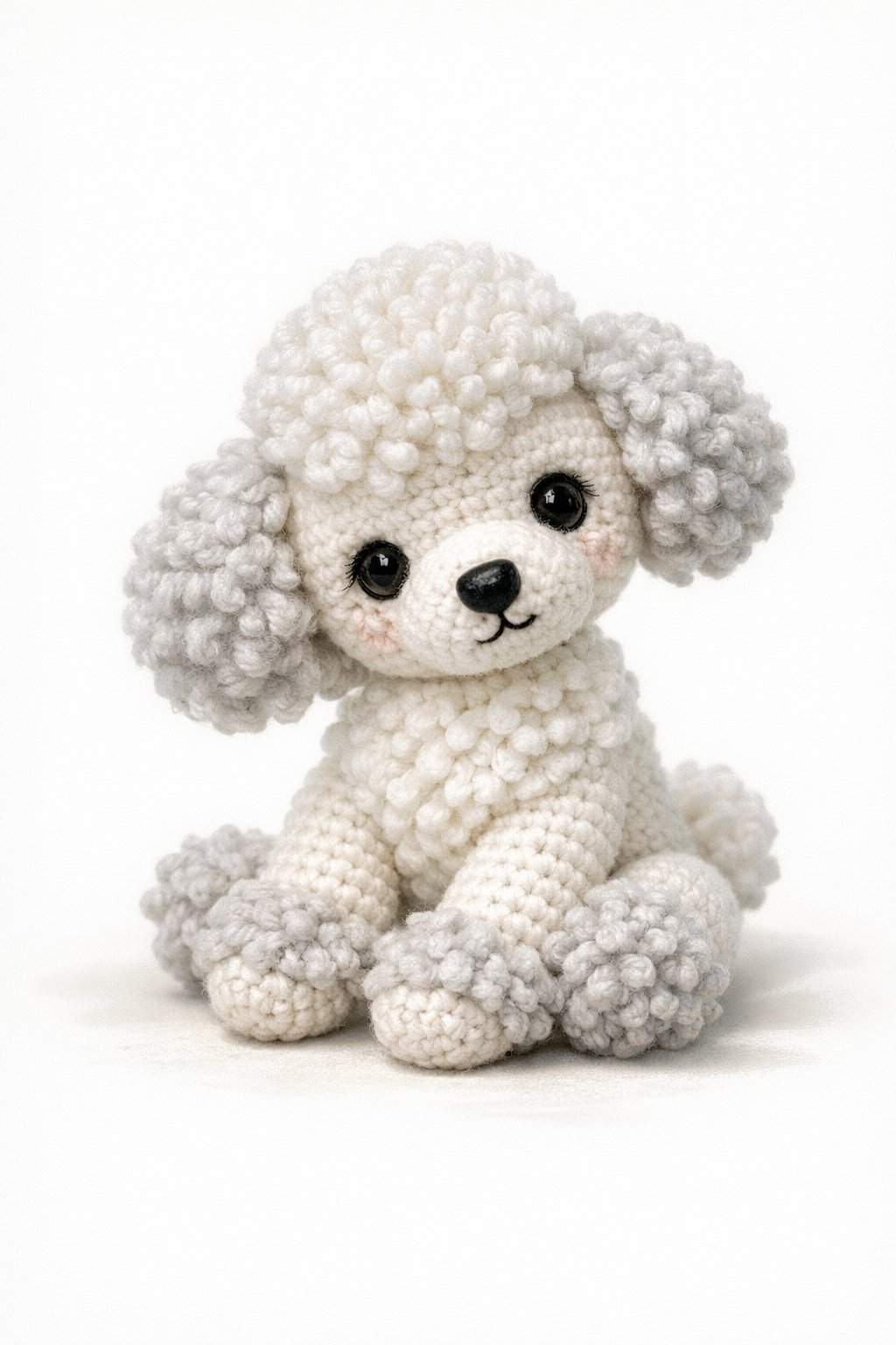 A crocheted poodle puppy amigurumi with a movable head sitting on a plain surface.