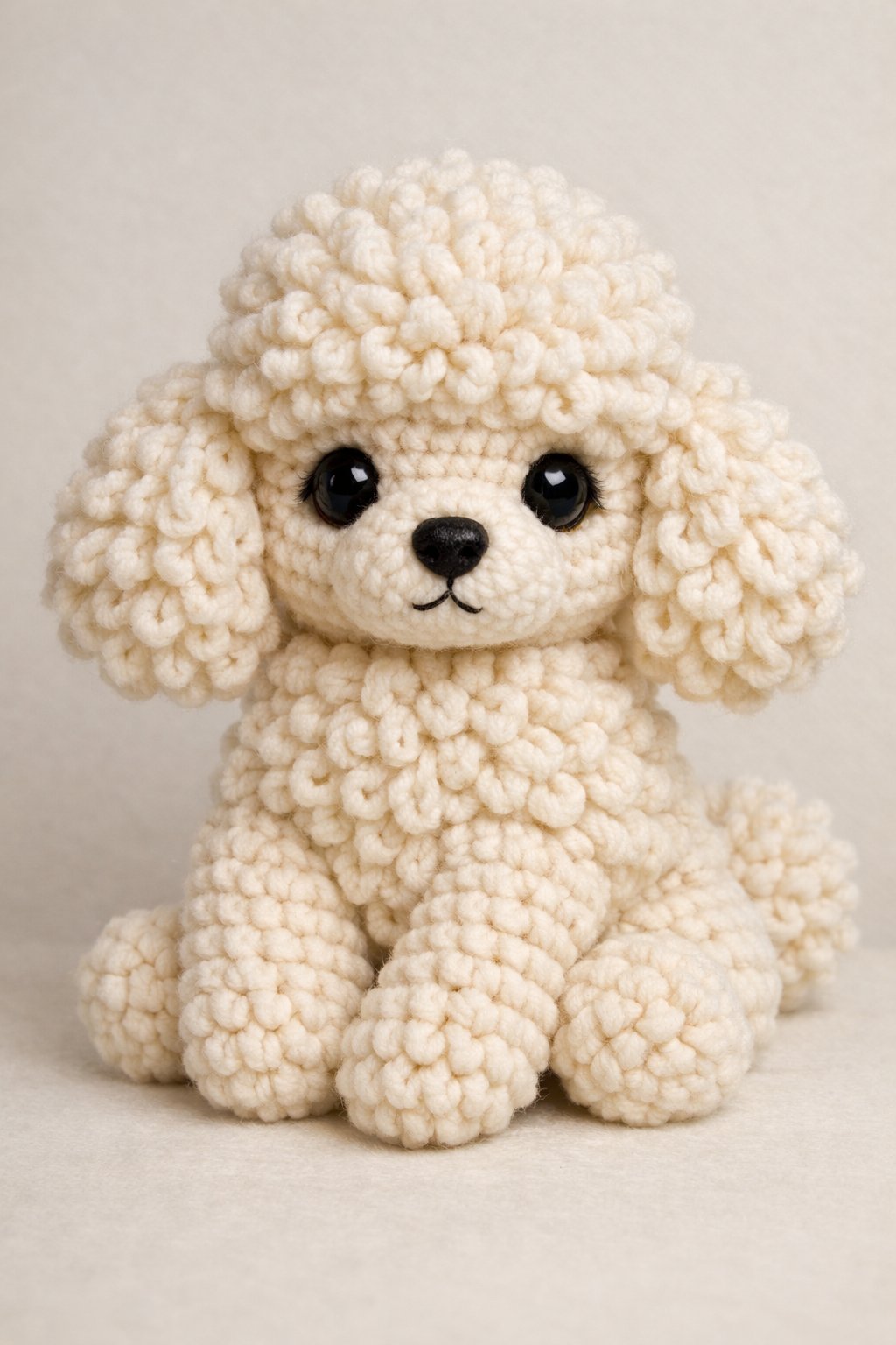 A soft and plush amigurumi poodle puppy sitting upright, showing detailed textured crochet stitches.