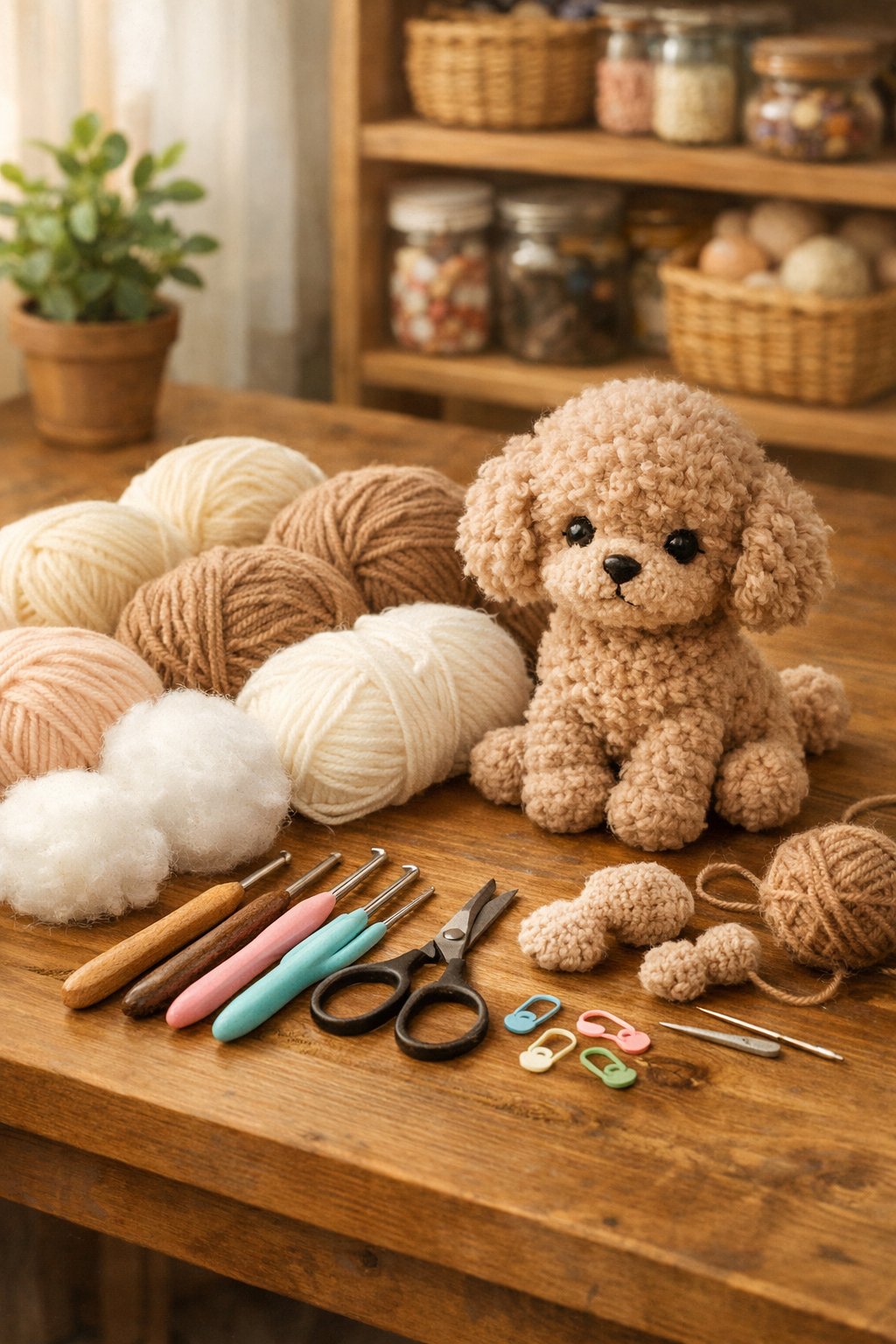 A crafting workspace with colorful yarn, crochet hooks, and a partially completed small poodle puppy amigurumi on a wooden table.