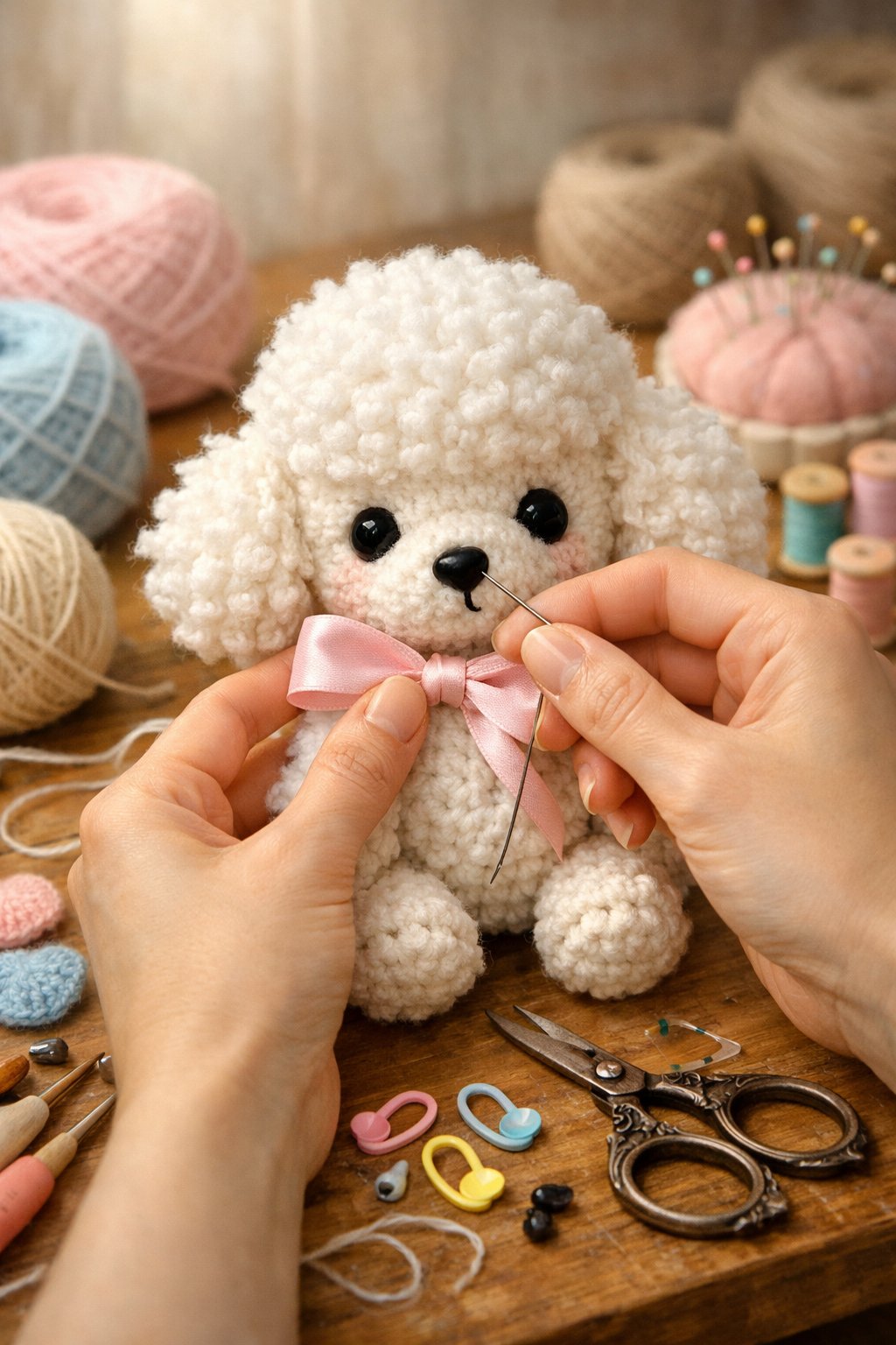 Hands adding finishing touches to a small crochet poodle puppy surrounded by yarn and crochet tools on a wooden table.