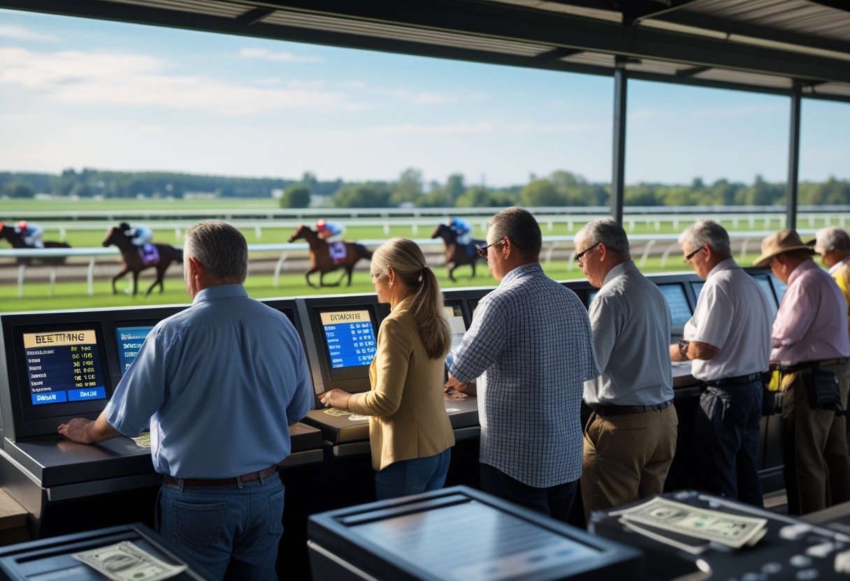 People placing bets at a racetrack with horses racing in the background and digital betting screens visible.