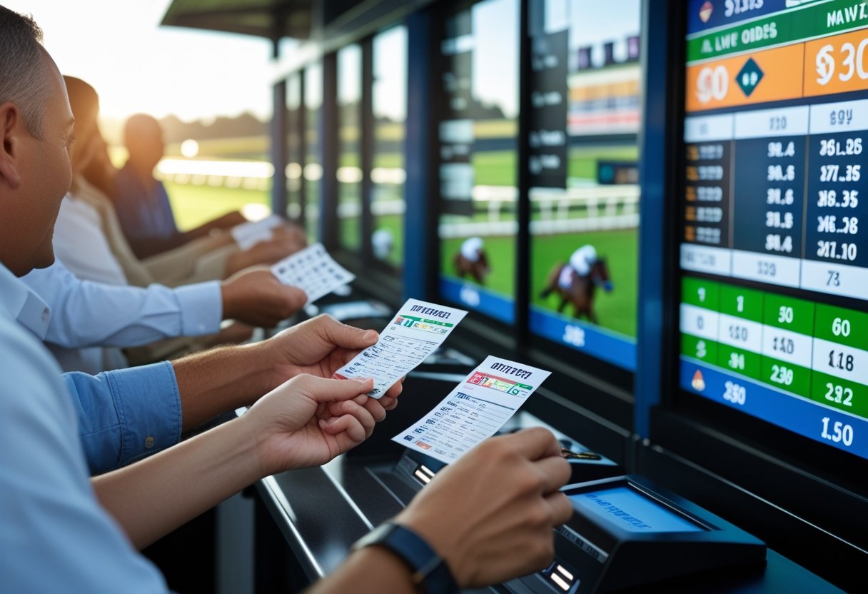 People placing bets at a racetrack betting window with horses racing in the background.
