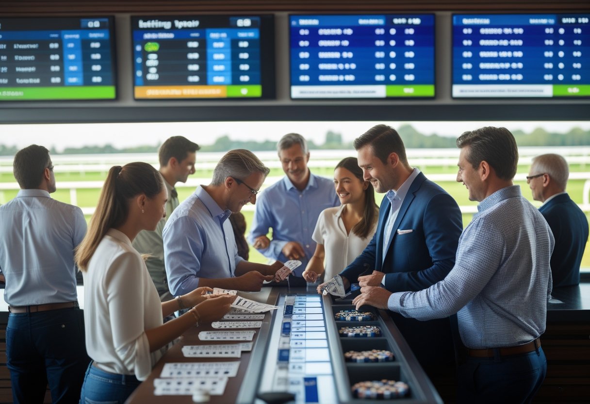 People placing bets at a racetrack betting counter with screens showing odds and a live horse race in the background.