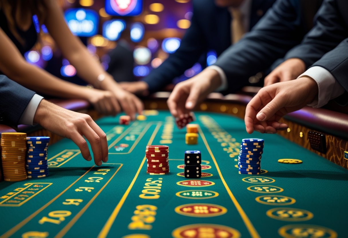 A casino craps table with players placing bets and dice rolling on the felt surface.