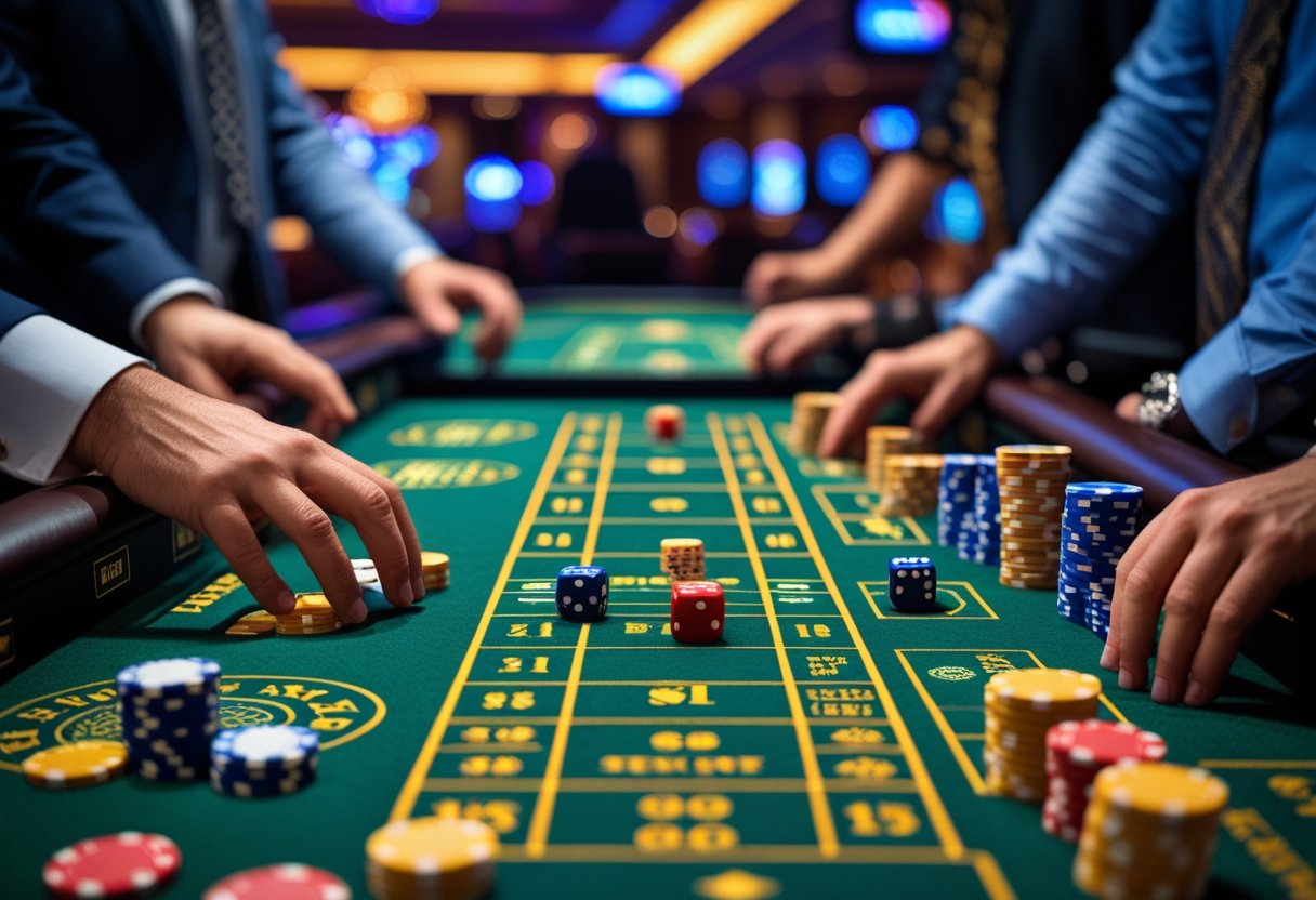 A close-up of a craps table with players placing bets, colorful chips stacked, and dice rolling on the green felt surface.