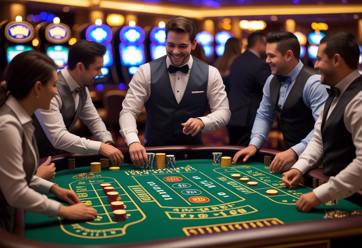 People playing craps at a casino table with chips and a dealer managing the game.