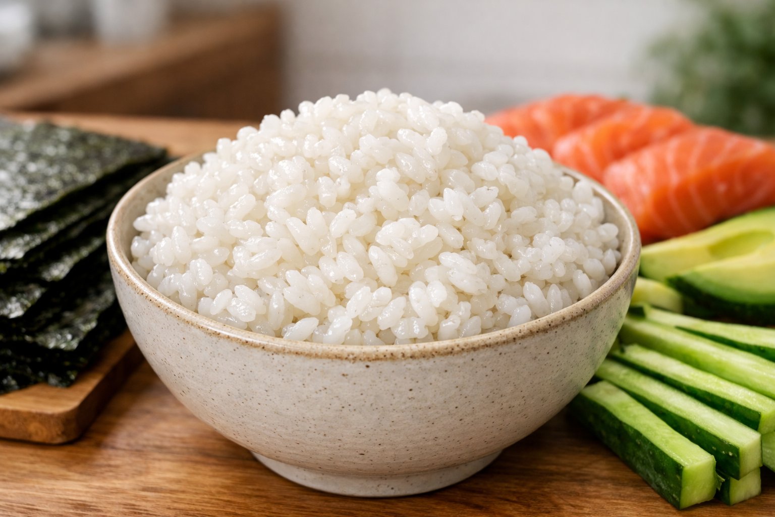 A bowl of cooked sushi rice surrounded by sushi roll ingredients on a wooden surface.