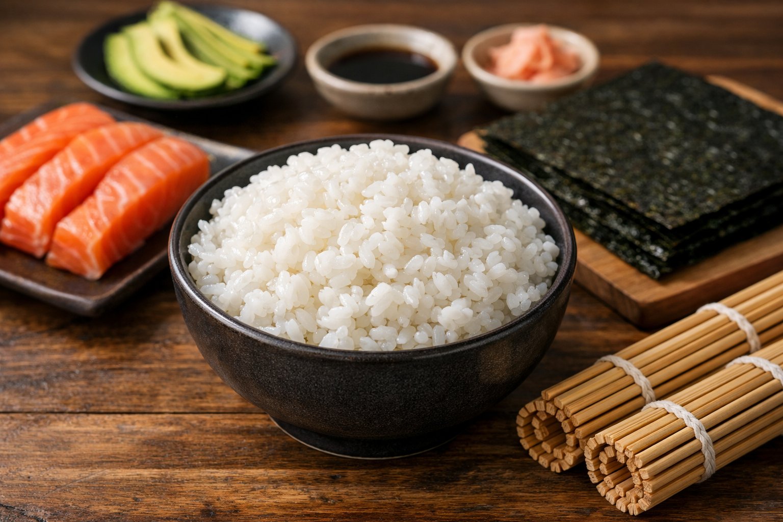 A bowl of cooked sushi rice on a wooden table surrounded by sushi ingredients like salmon, avocado, seaweed sheets, and bamboo mats.