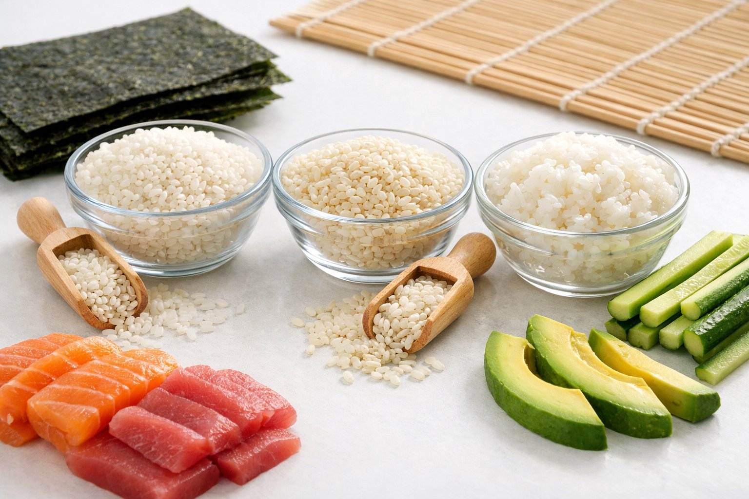Various types of sushi rice in bowls and scoops surrounded by fresh sushi ingredients and a bamboo rolling mat on a white surface.