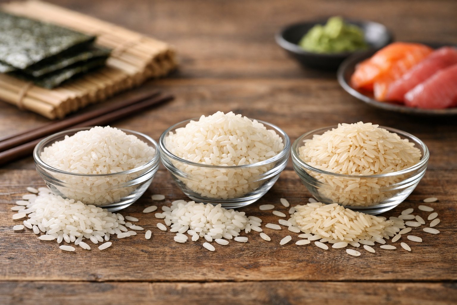 Various types of rice grains displayed in bowls on a wooden surface with sushi preparation items in the background.