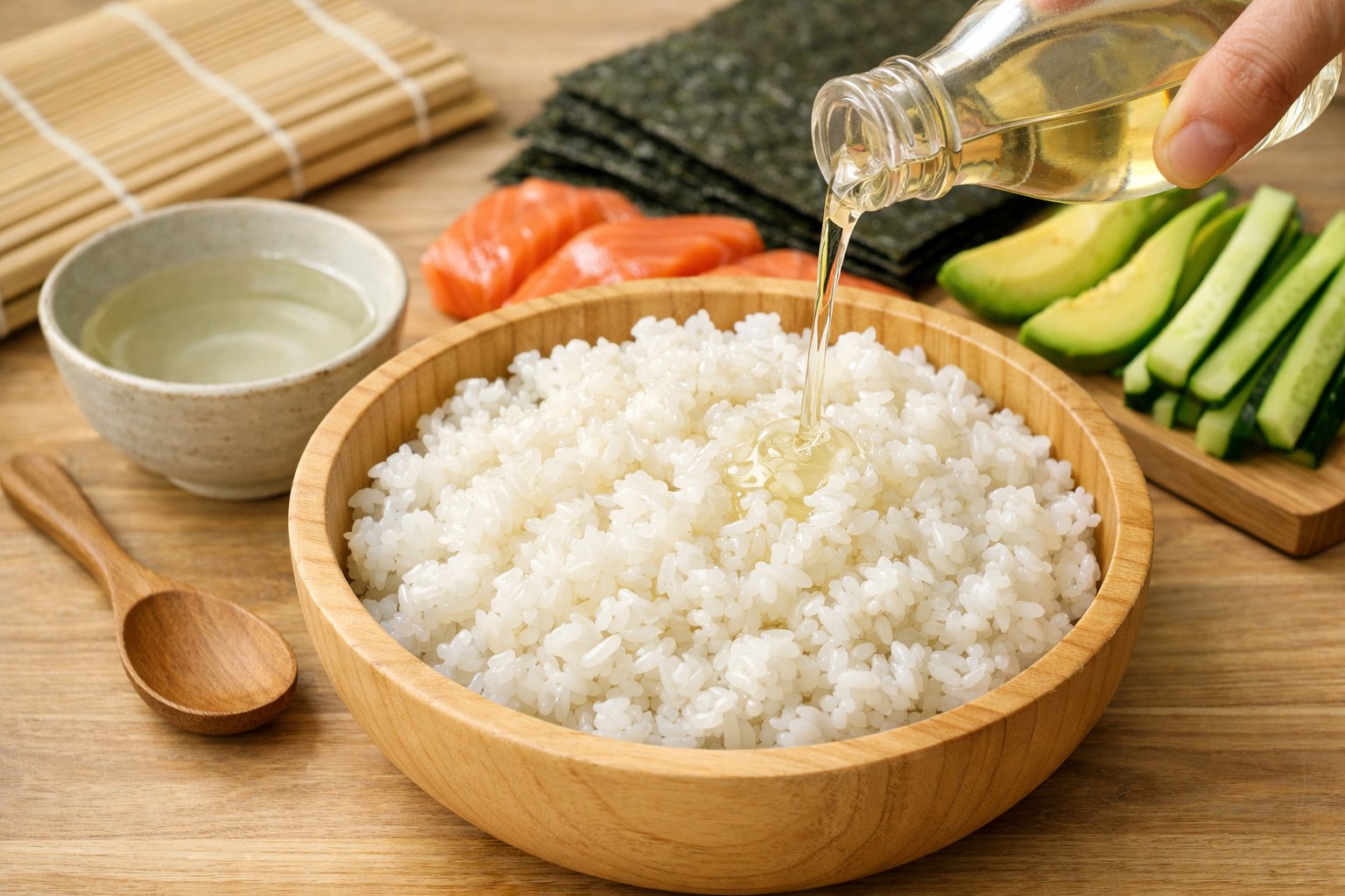 Close-up of sushi rice being seasoned with vinegar surrounded by sushi ingredients and a rolling mat on a wooden surface.