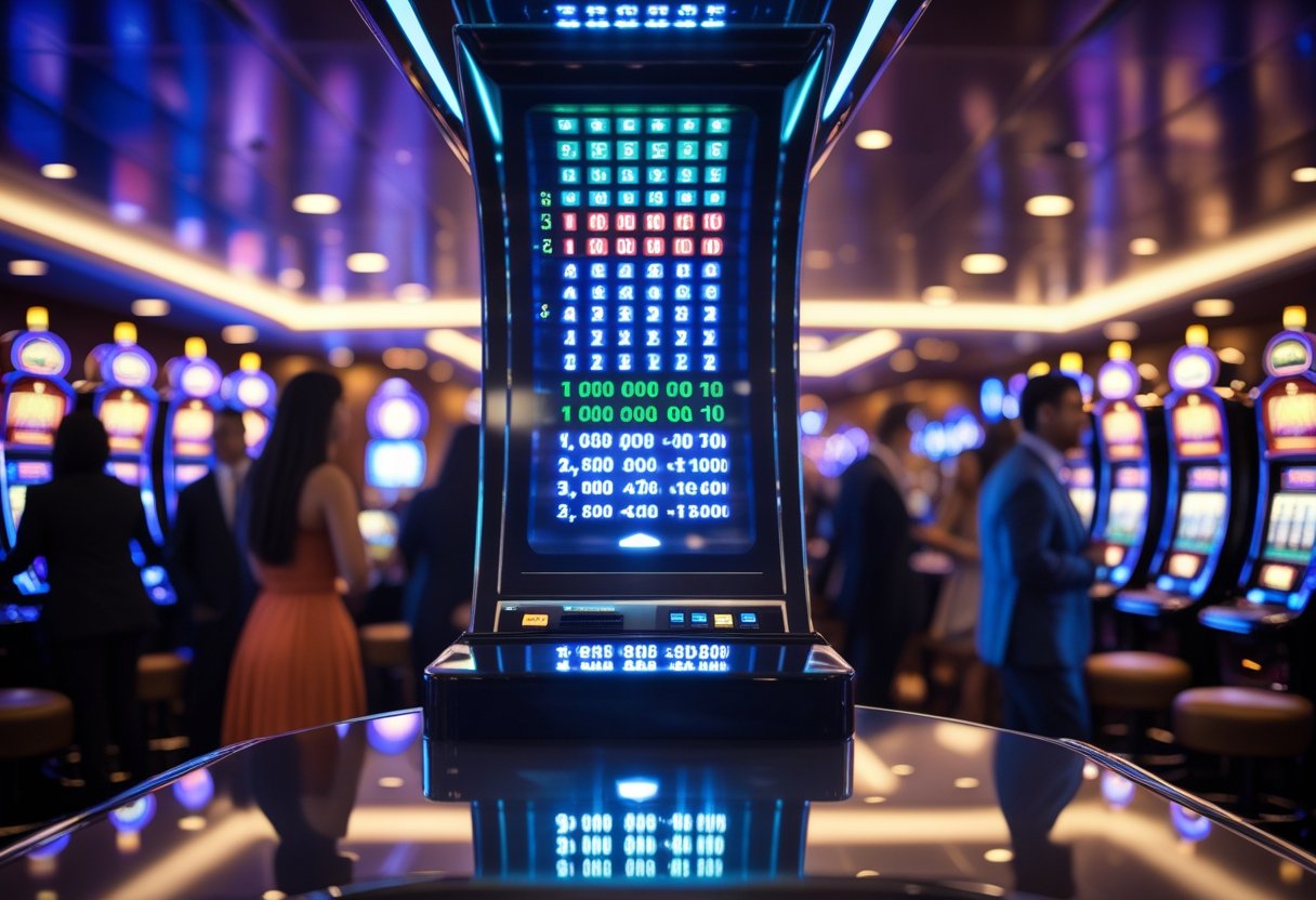 Casino interior with a large digital jackpot display showing increasing money amounts and slot machines around it.