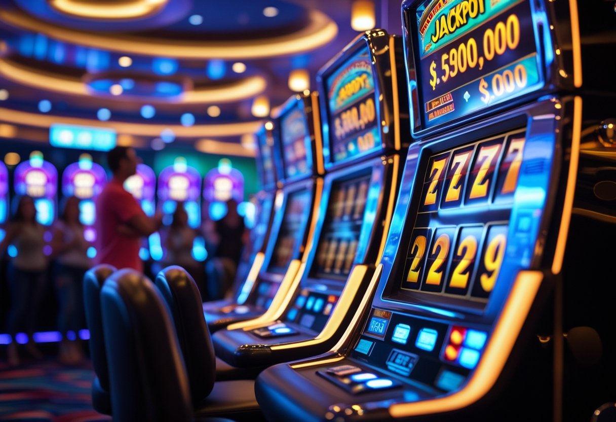 A slot machine in a casino with multiple jackpot meters increasing, surrounded by excited players.