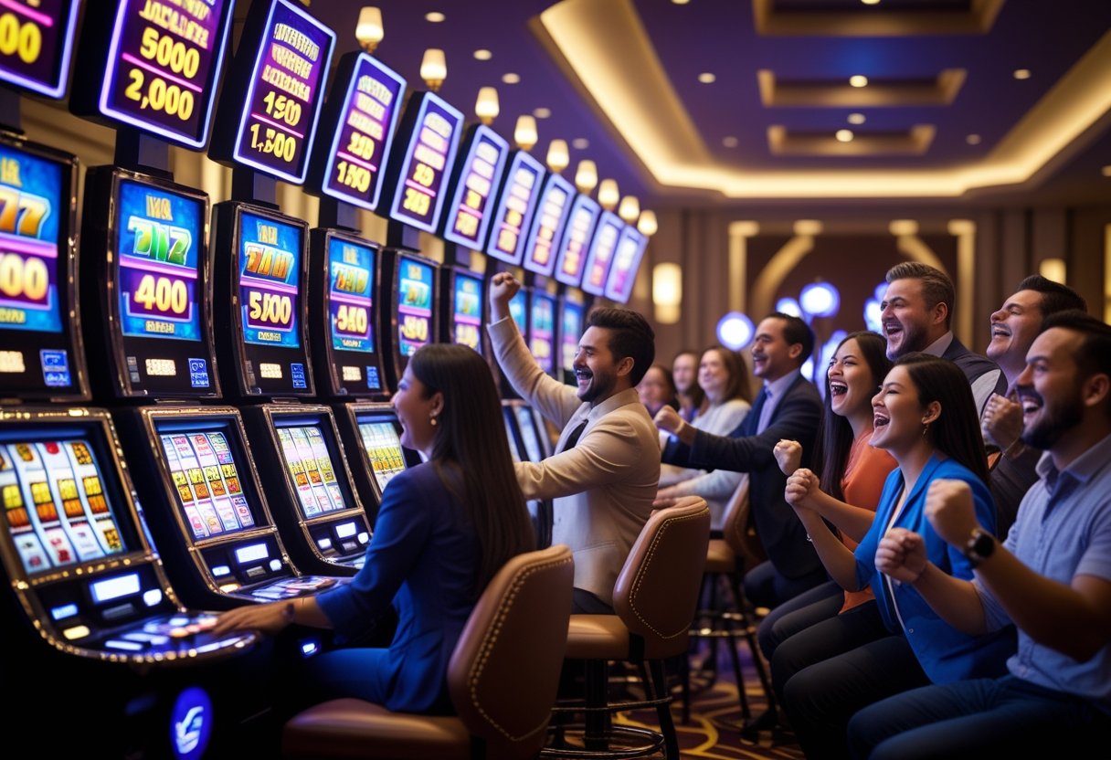 People playing slot machines in a casino with digital displays showing increasing jackpot amounts.