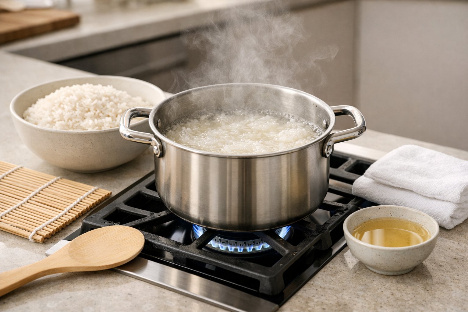 A kitchen scene showing a pot of rice boiling on a stove with sushi-making ingredients and tools arranged nearby.