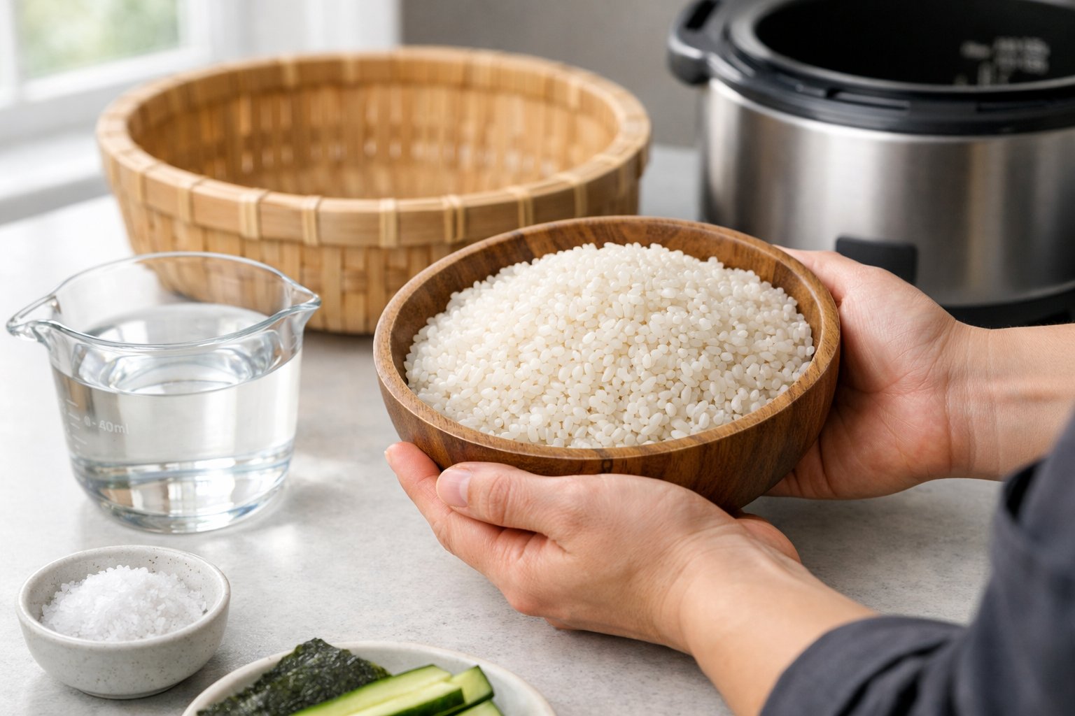 Hands holding a bowl of uncooked sushi rice in a bright kitchen with rice preparation tools on the countertop.